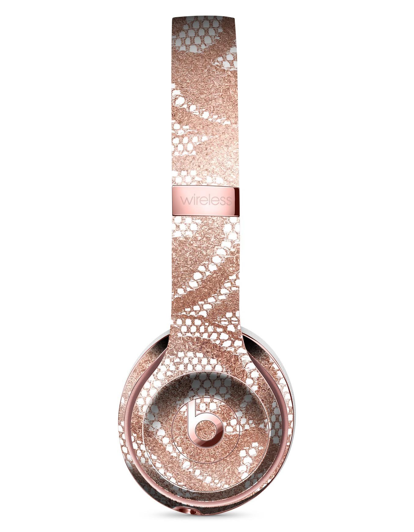 Rose Gold Lace Pattern Skin Kit for Beats by Dre Solo 3 Wireless Headphones, showcasing a stylish design and durable vinyl material.