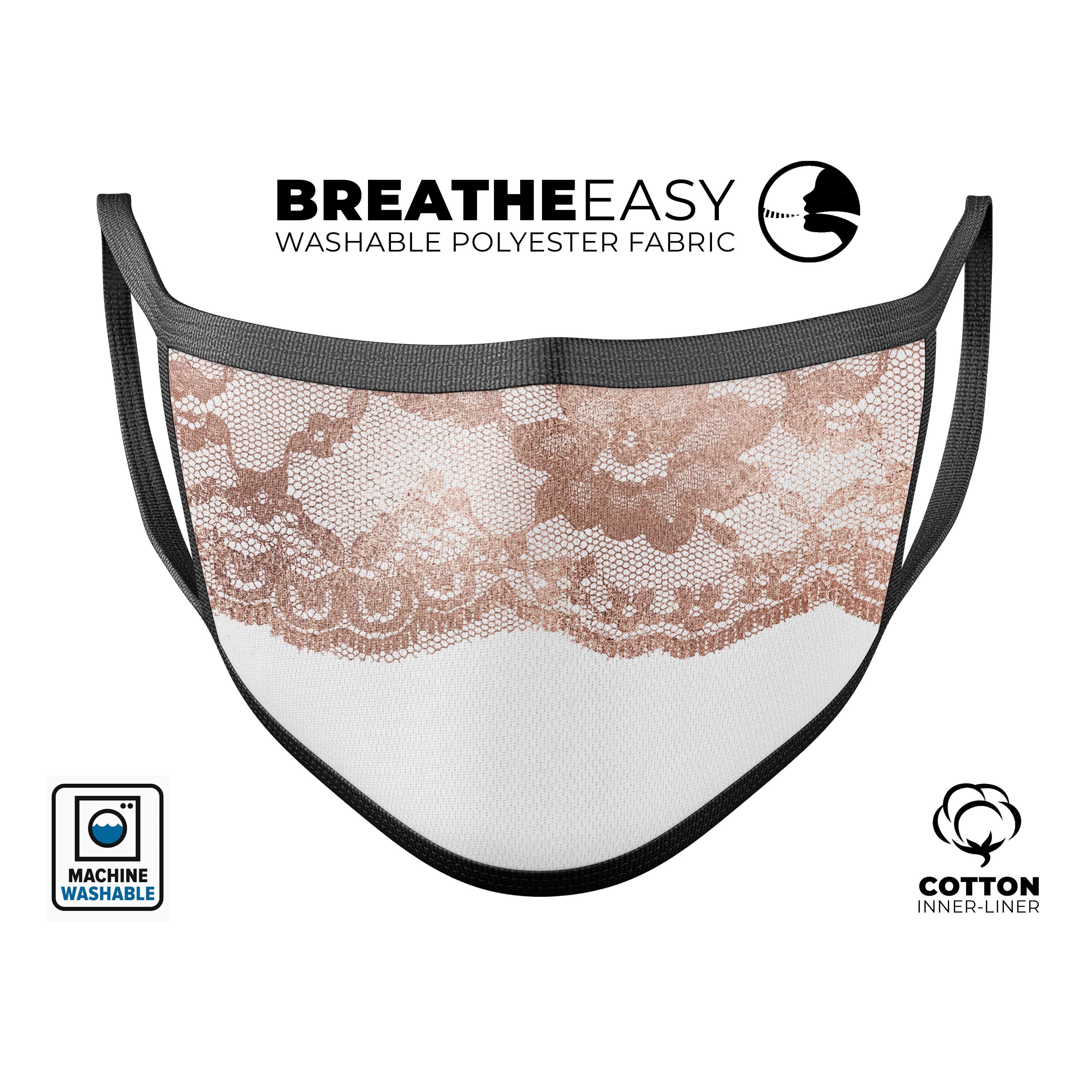 Rose Gold Lace Pattern 2 mouth cover, showcasing intricate lace design and adjustable ear loops for a comfortable fit.