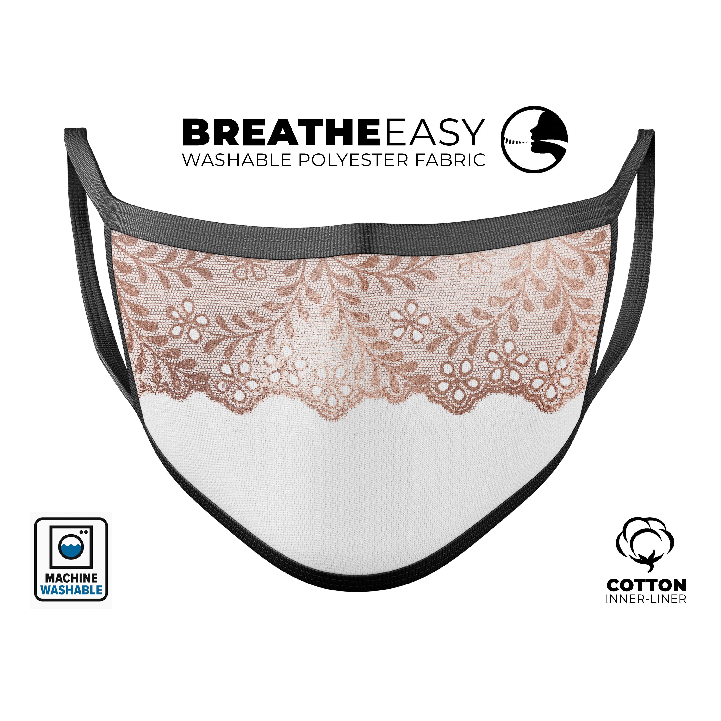 Rose Gold Lace Pattern 5 mouth cover, featuring a stylish design and adjustable ear-loops for a comfortable fit.