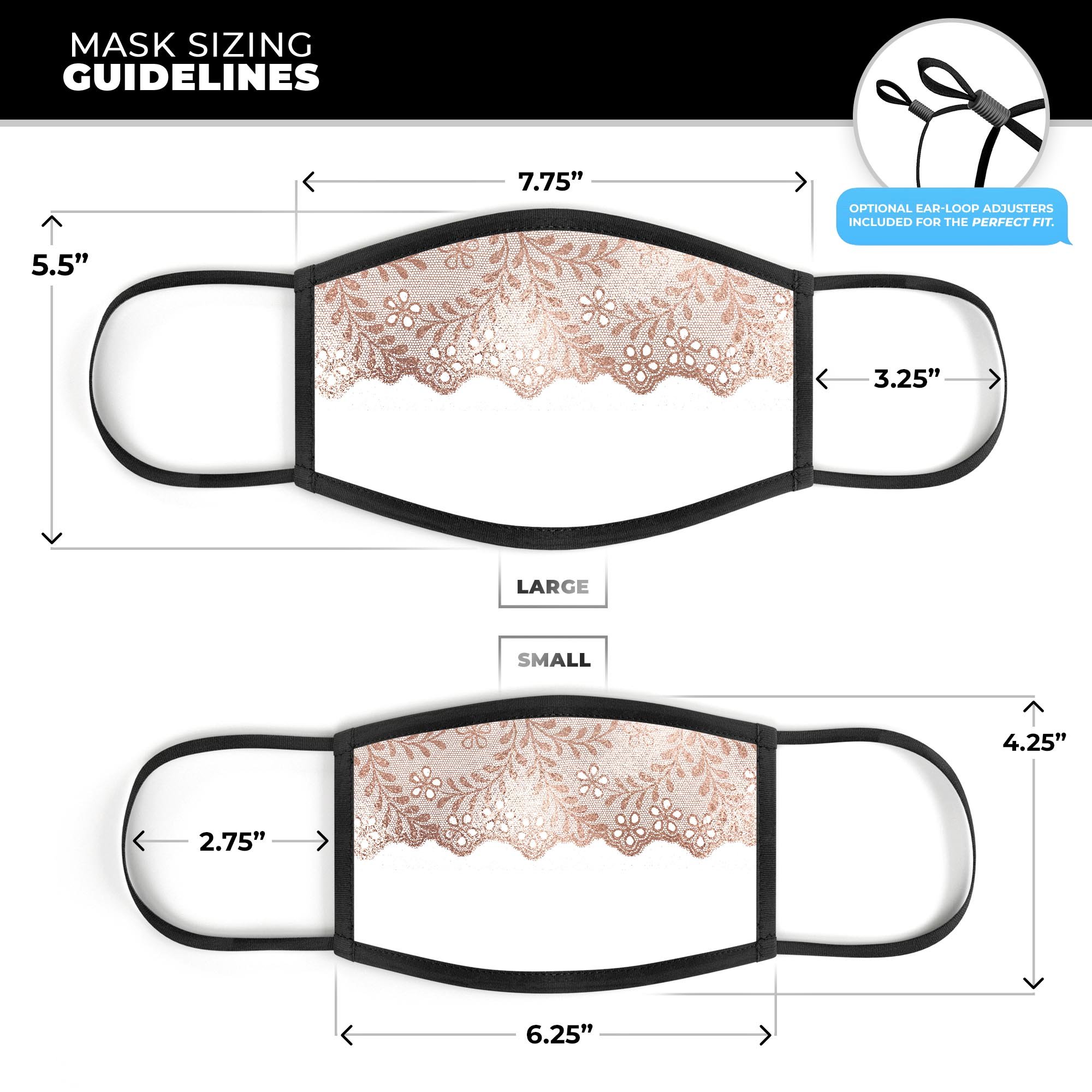 Rose Gold Lace Pattern 5 mouth cover, featuring a stylish design and adjustable ear-loops for a comfortable fit.