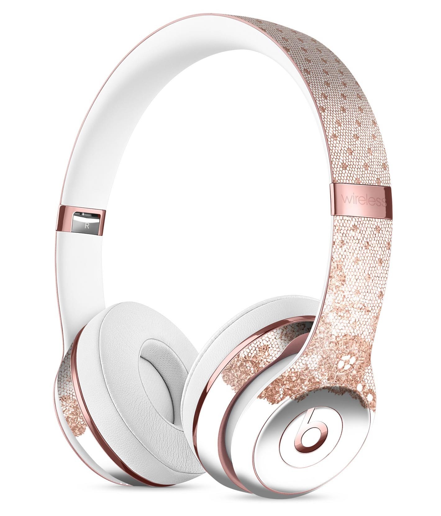 Rose Gold Lace Pattern Skin Kit for Beats by Dre Solo 3 Wireless Headphones, showcasing intricate lace design and premium vinyl material.