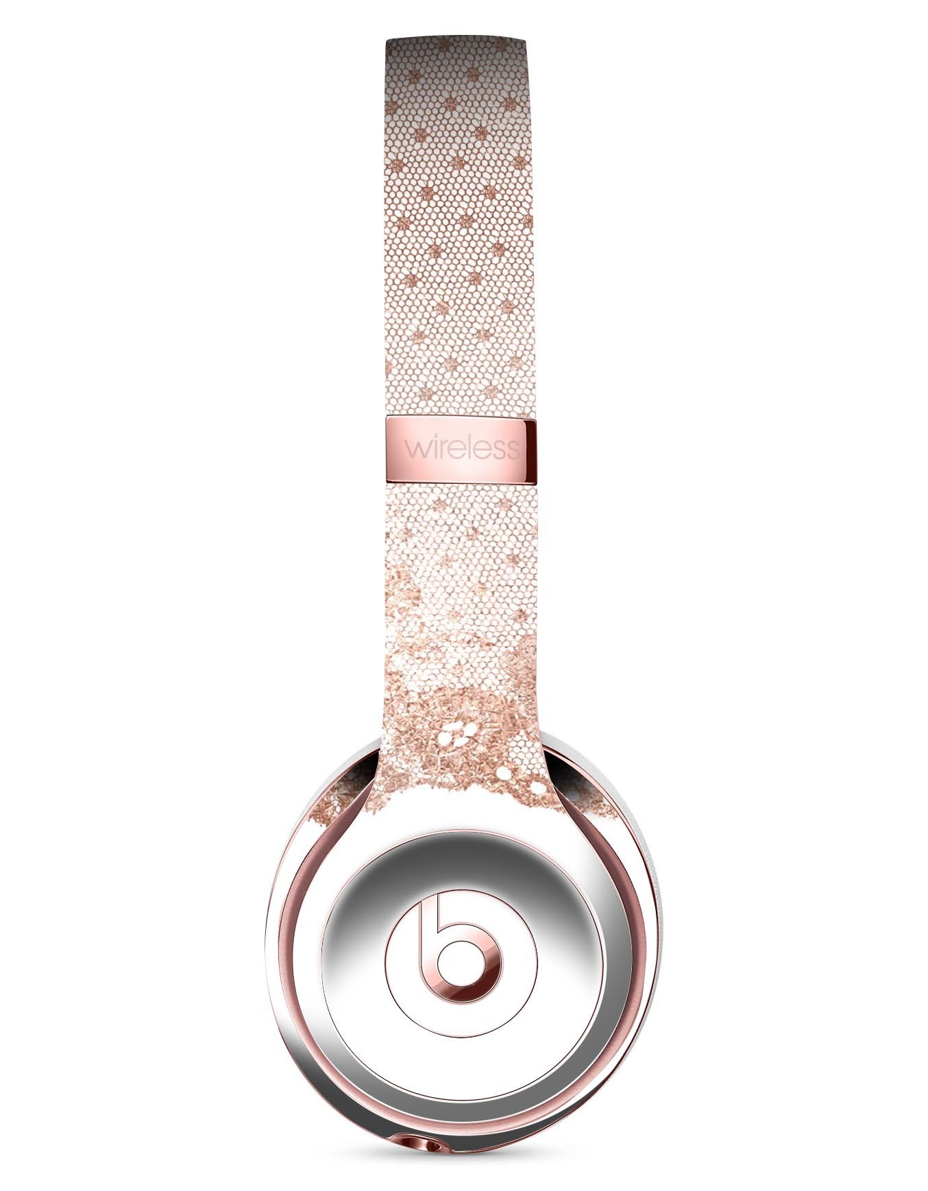 Rose Gold Lace Pattern Skin Kit for Beats by Dre Solo 3 Wireless Headphones, showcasing intricate lace design and premium vinyl material.