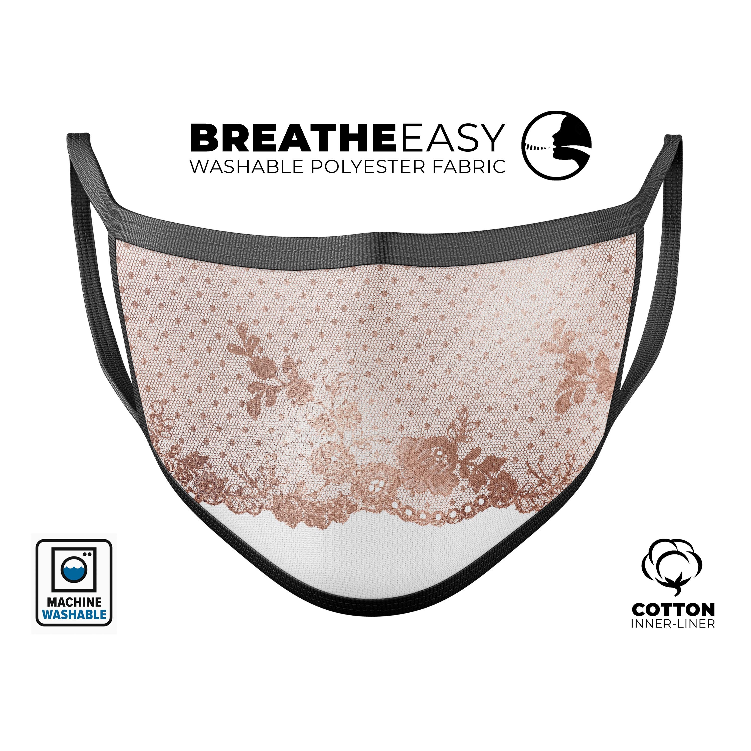 Rose Gold Lace Pattern 6 Mouth Cover, unisex anti-dust mask made in the USA, featuring adjustable ear-loops and a comfortable cotton interior.