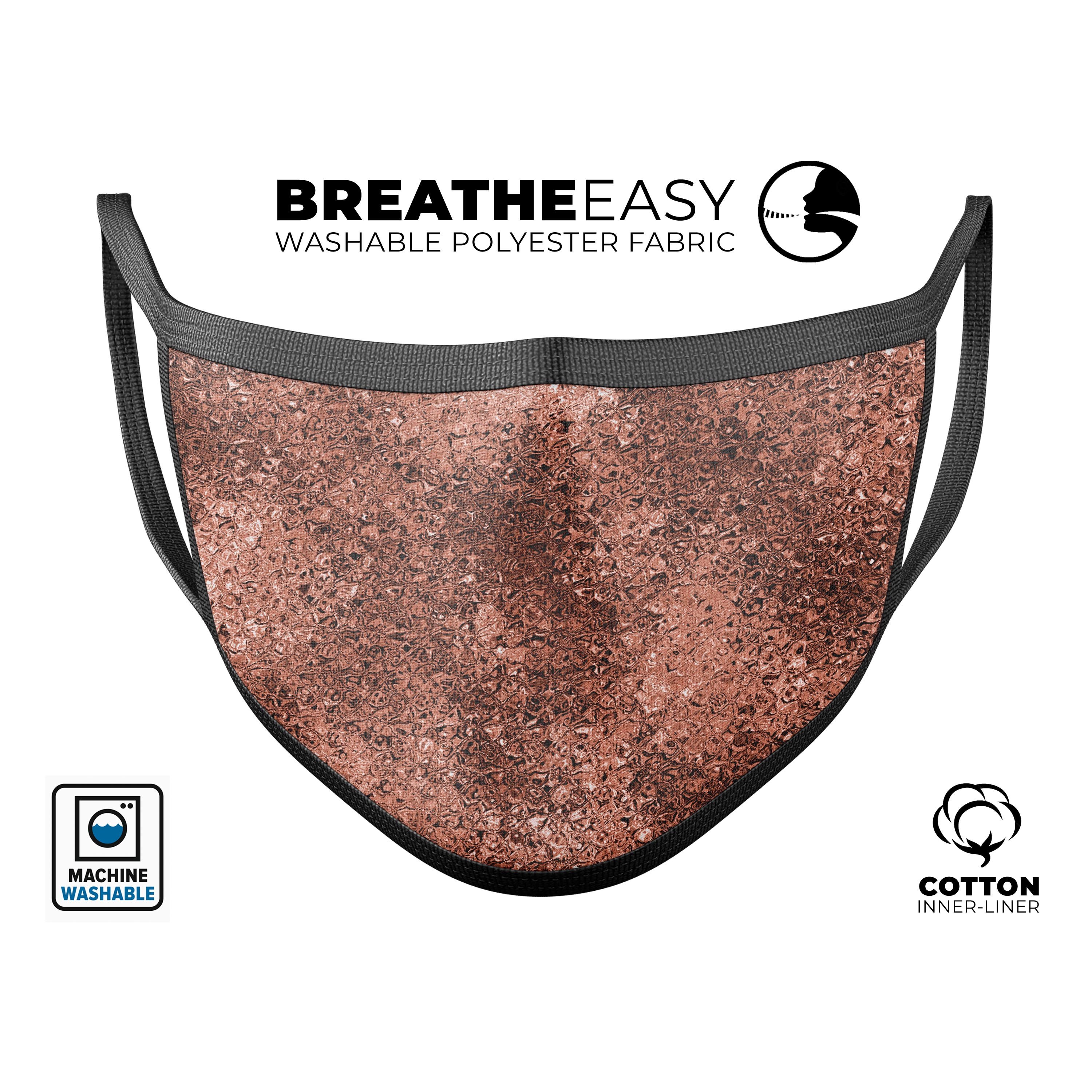 Rose Gold Liquid Abstract mouth cover, featuring a stylish design, adjustable ear loops, and made in the USA for comfort and durability.