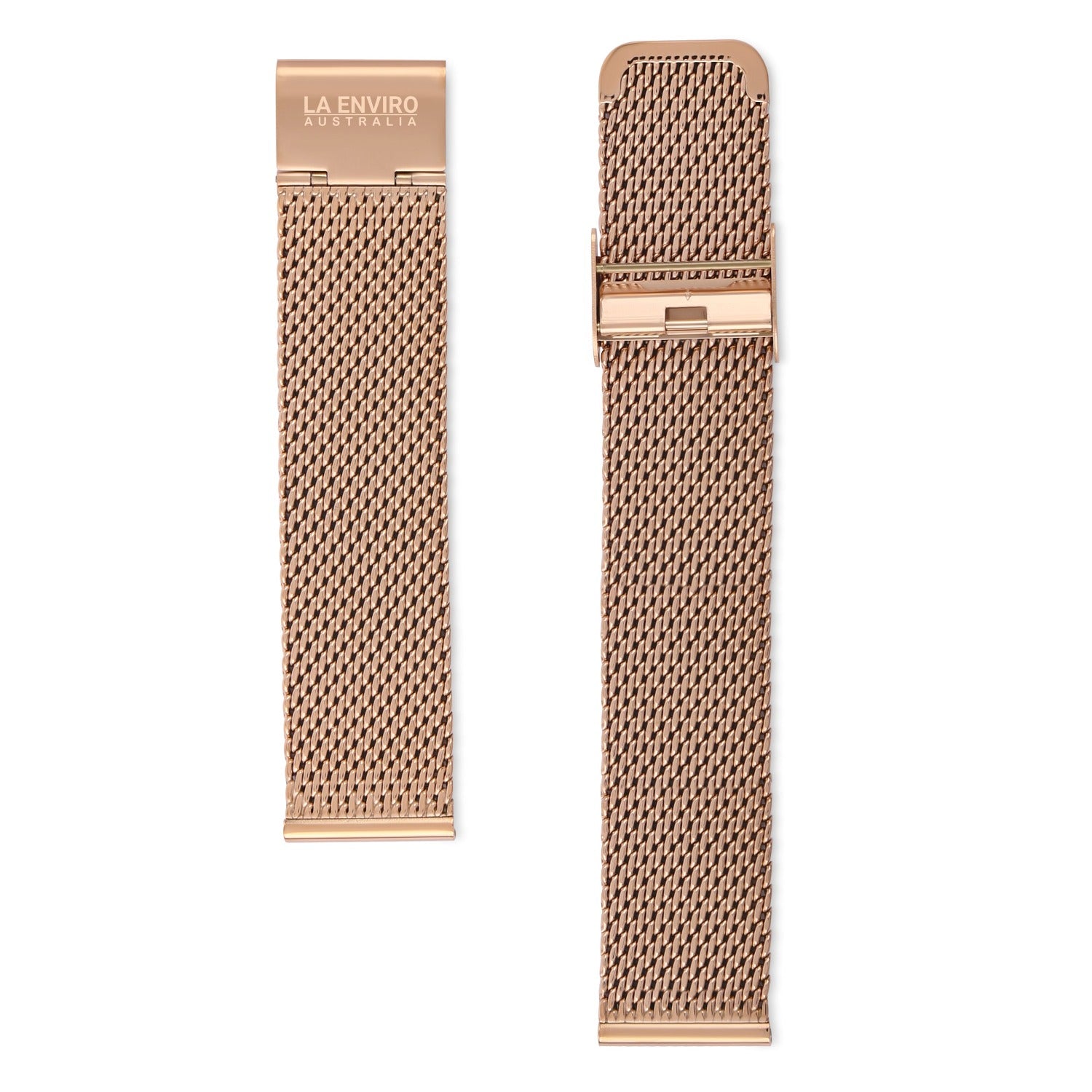 Rose Gold Mesh Watch Strap, 20mm width, stainless steel material with engraved buckle, lightweight and cruelty-free design.