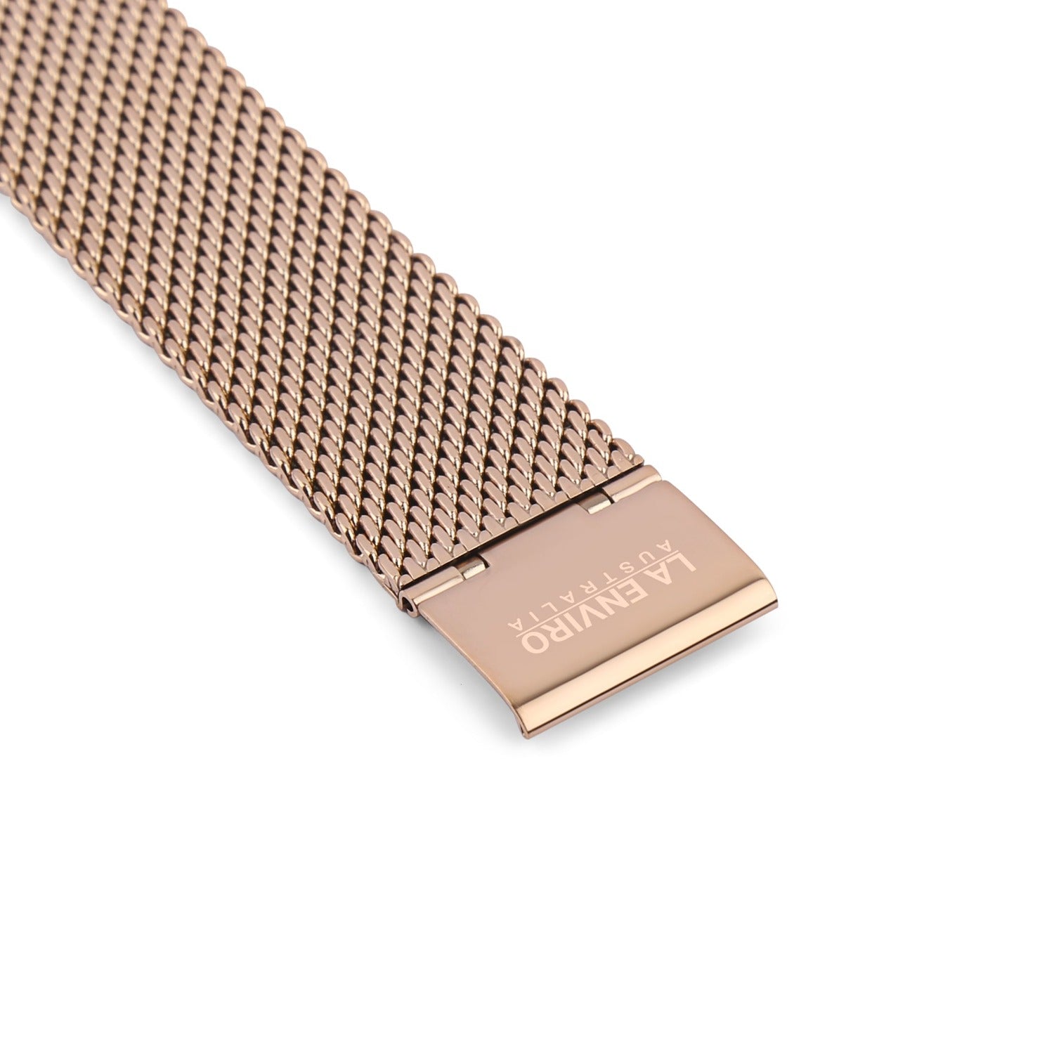 Rose Gold Mesh Watch Strap, 20mm width, stainless steel material with engraved buckle, lightweight and cruelty-free design.