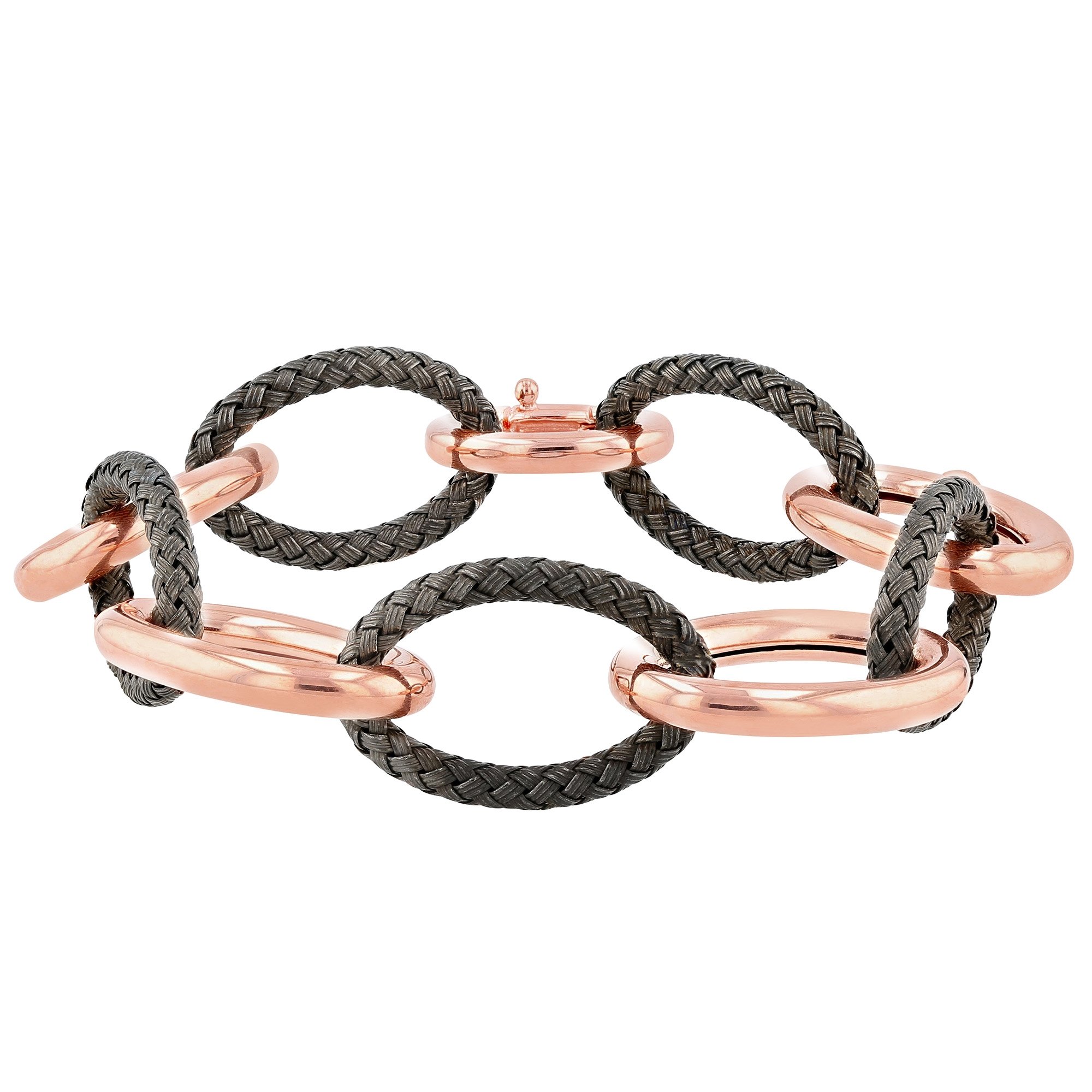 Elegant rose gold plated 925 sterling silver bracelet with oval links and blackened textured accents, featuring a seamless design.