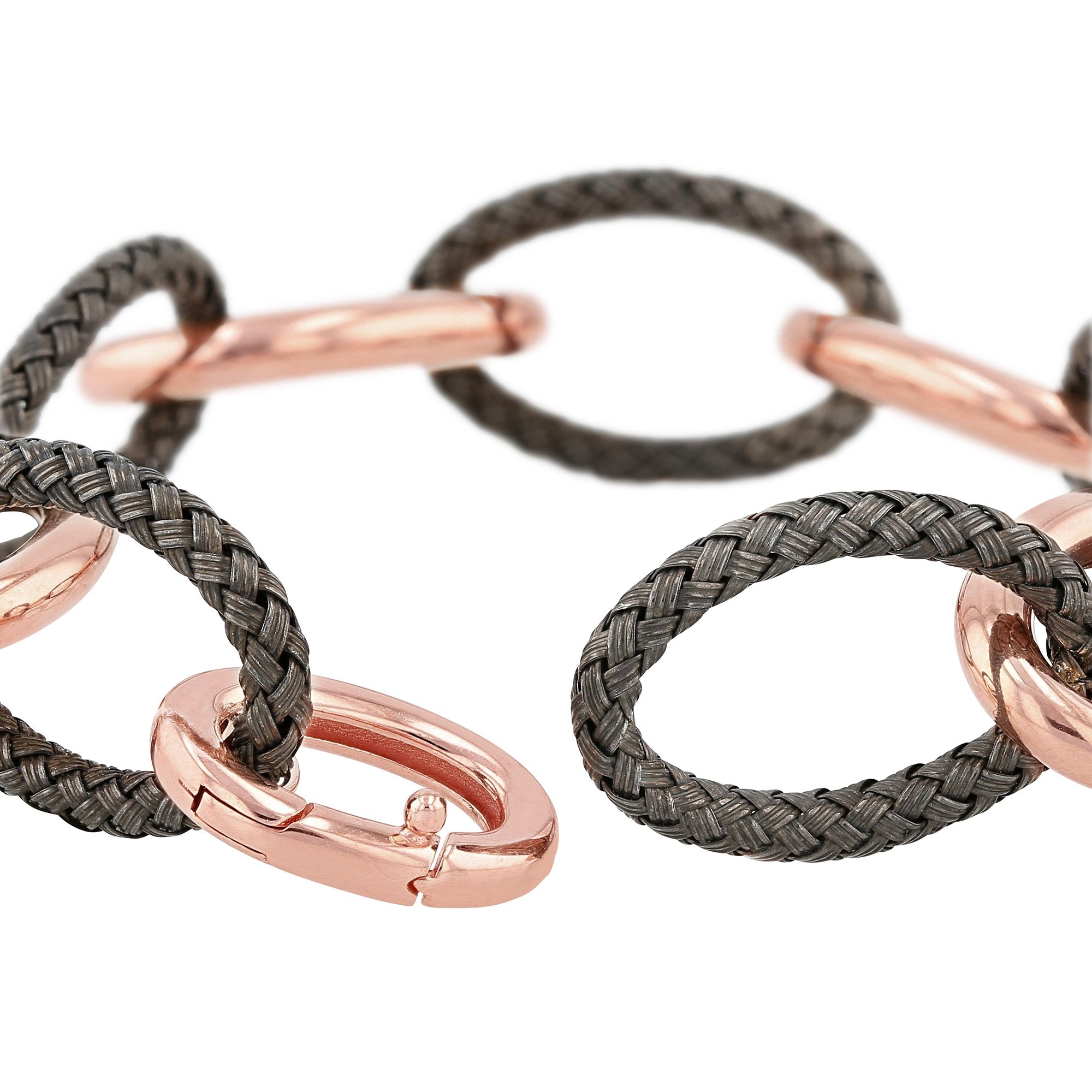 Elegant rose gold plated 925 sterling silver bracelet with oval links and blackened textured accents, featuring a seamless design.