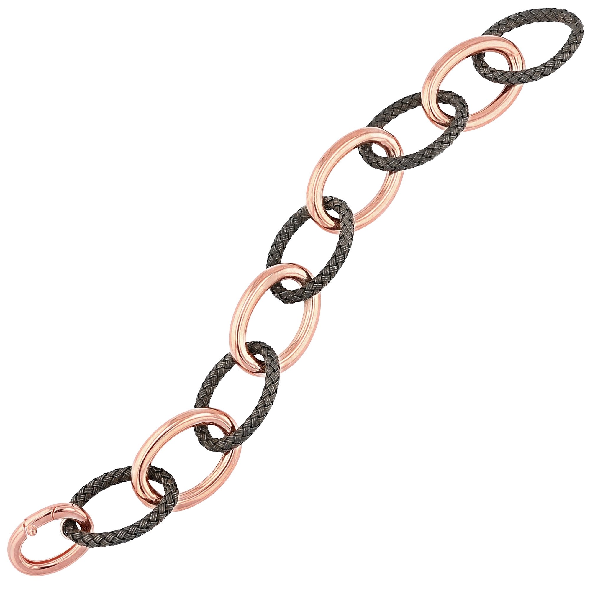 Elegant rose gold plated 925 sterling silver bracelet with oval links and blackened textured accents, featuring a seamless design.