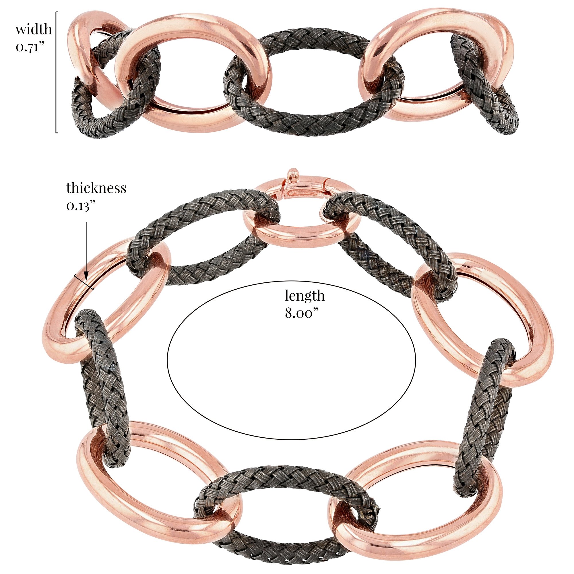 Elegant rose gold plated 925 sterling silver bracelet with oval links and blackened textured accents, featuring a seamless design.