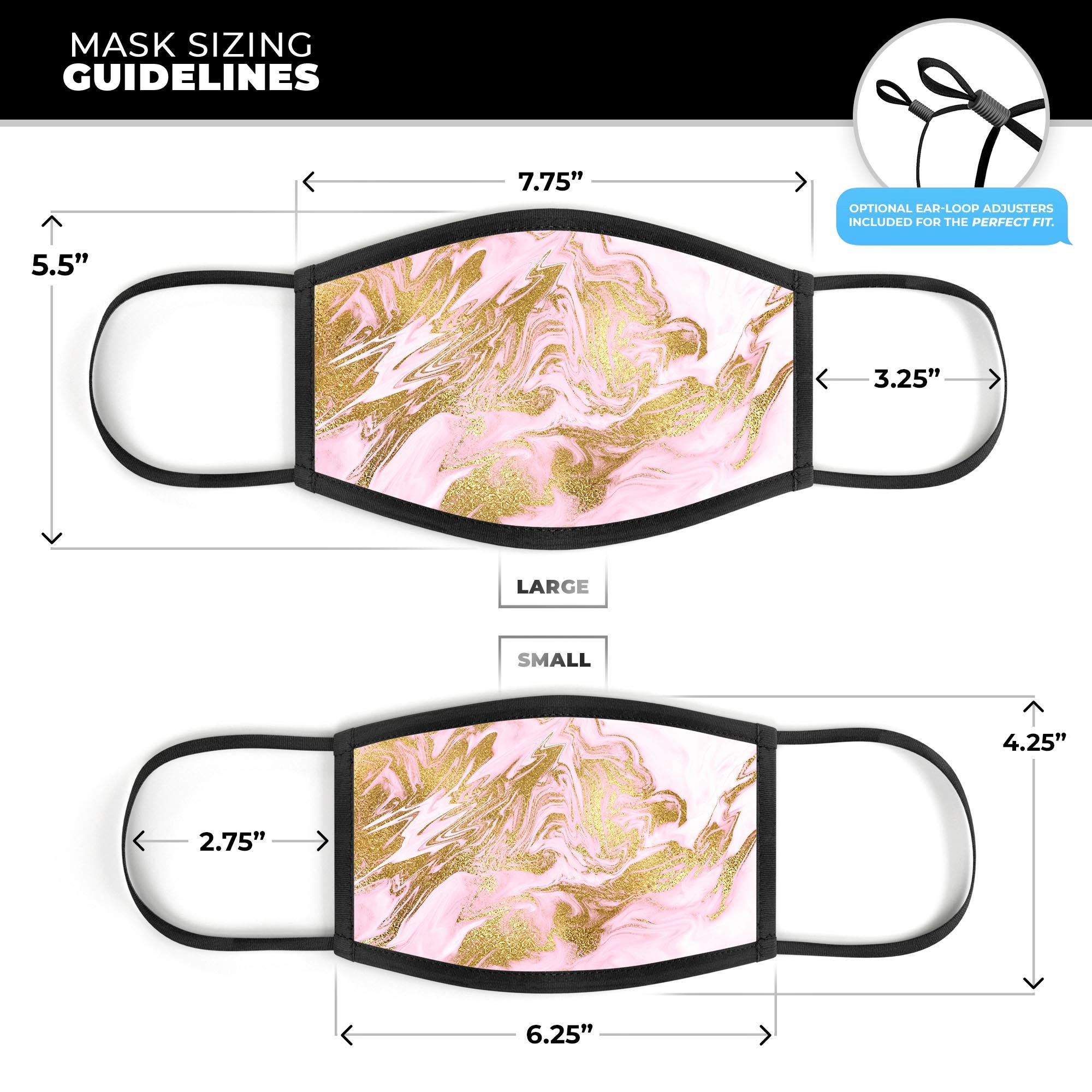 Rose Pink Marble & Digital Gold Frosted Foil V10 face mask, showcasing vibrant colors and adjustable ear loops for a perfect fit.