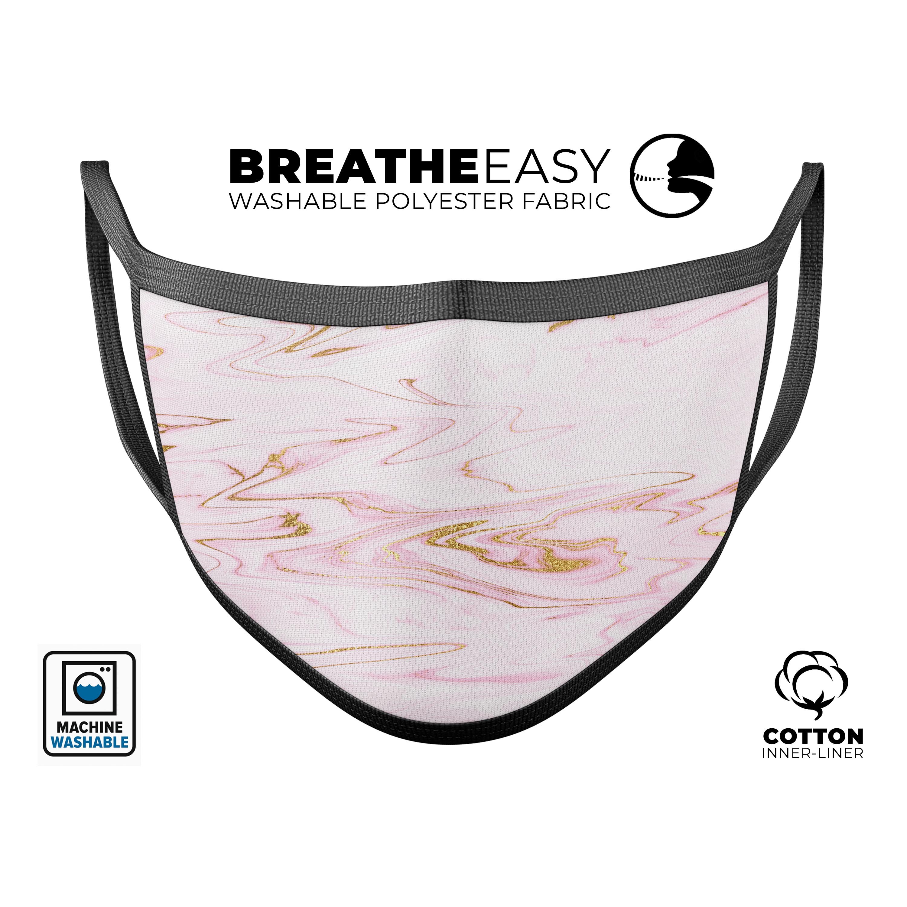 Rose Pink Marble & Digital Gold Frosted Foil reusable face mask with adjustable ear loops, made in the USA.