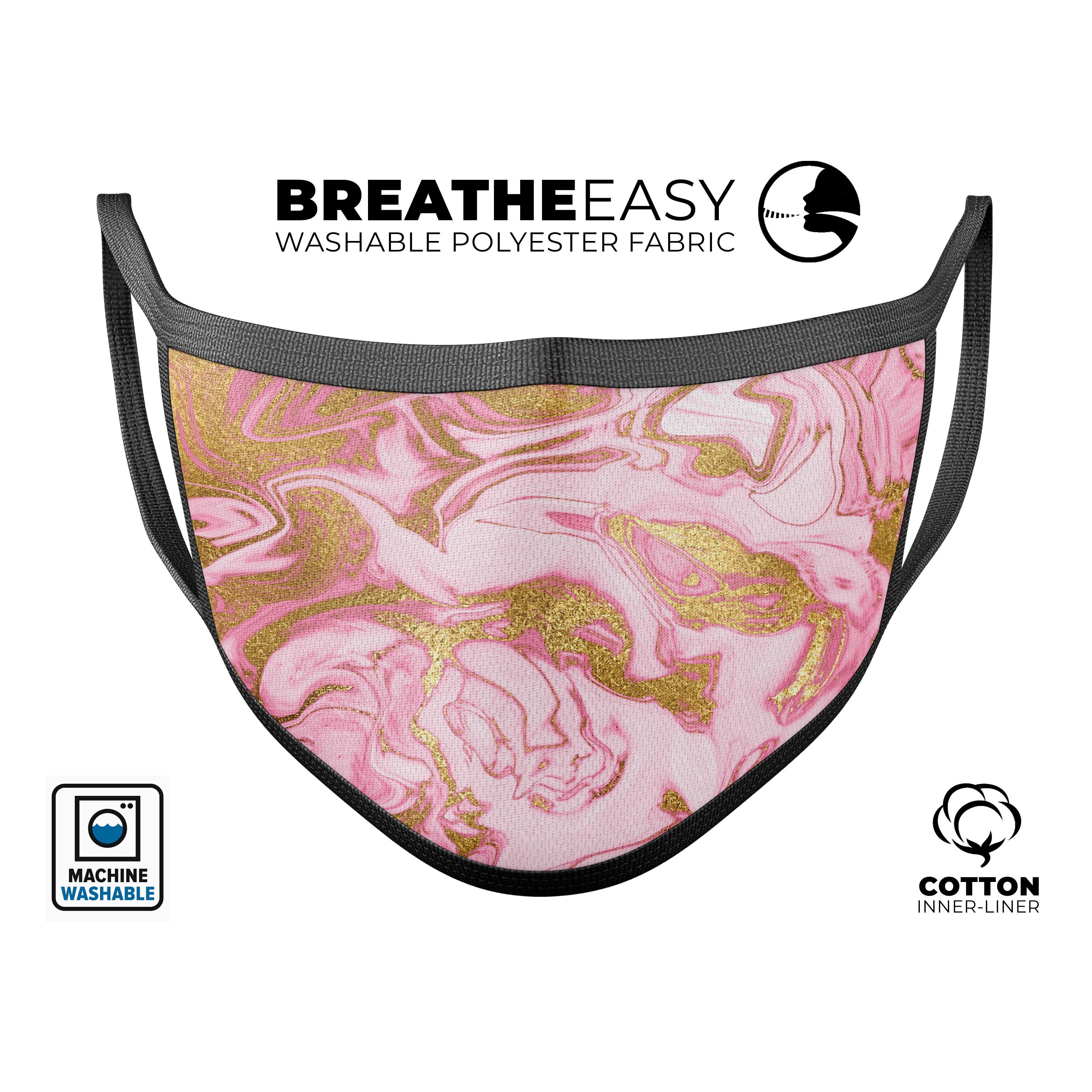 Rose Pink Marble & Digital Gold Frosted Foil reusable face mask with adjustable ear loops, made in the USA.