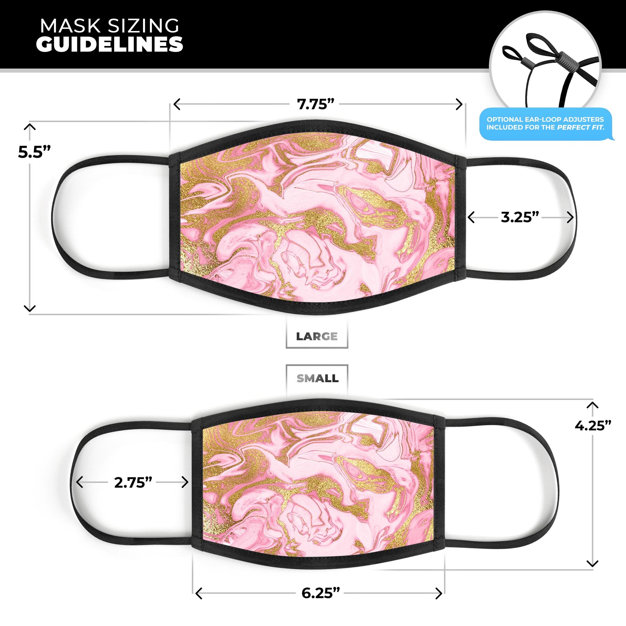 Rose Pink Marble & Digital Gold Frosted Foil reusable face mask with adjustable ear loops, made in the USA.