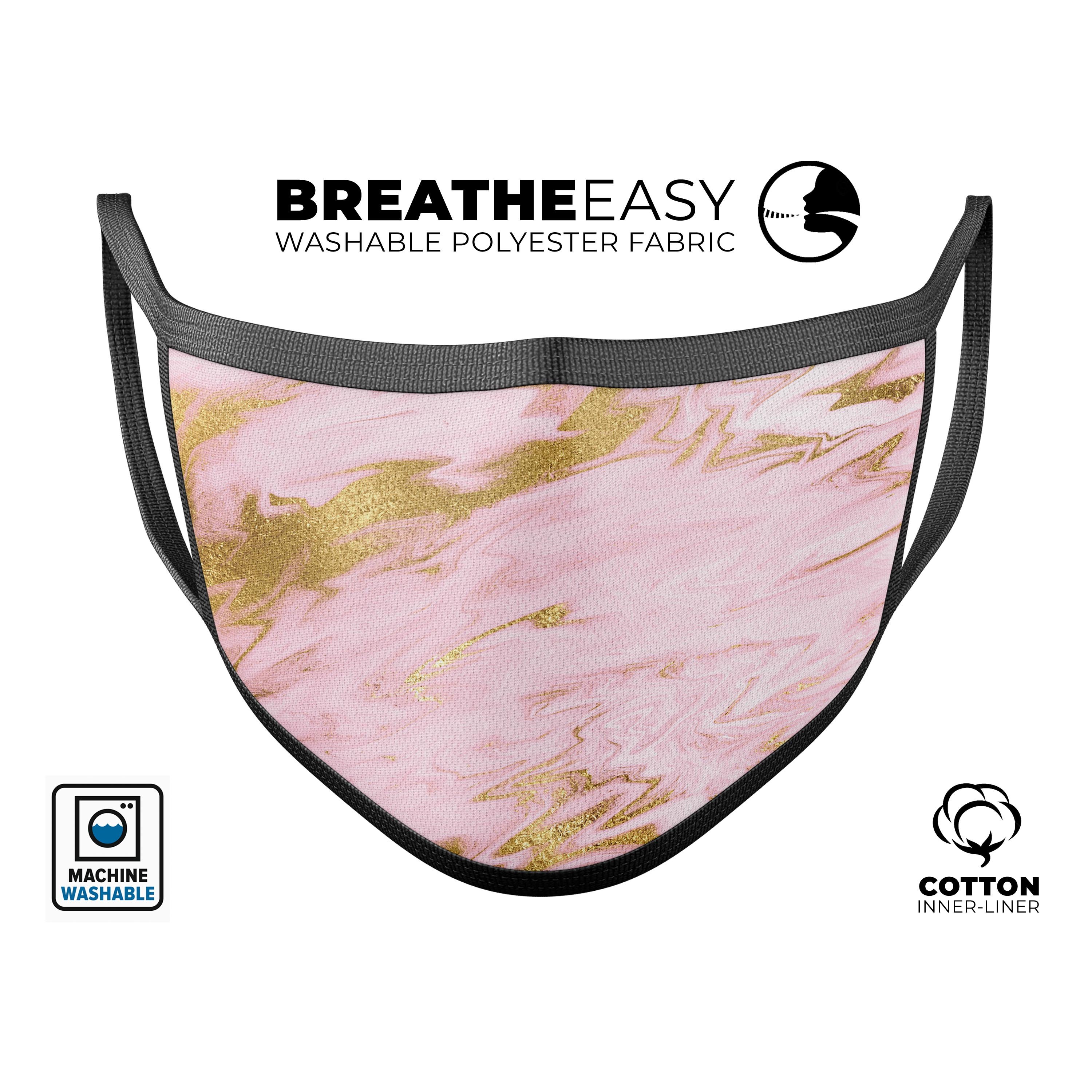 Rose Pink Marble & Digital Gold Frosted Foil reusable face mask with adjustable ear loops, made in the USA.