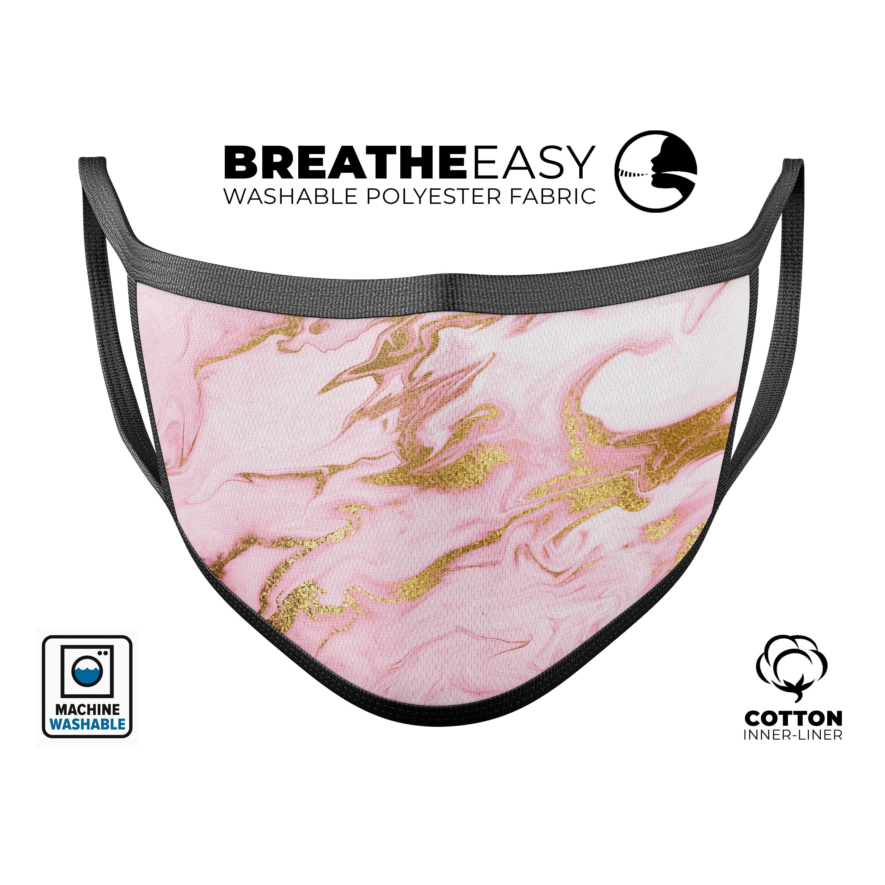 Rose Pink Marble & Digital Gold Frosted Foil V3 face mask, featuring a stylish design and adjustable ear loops for a comfortable fit.