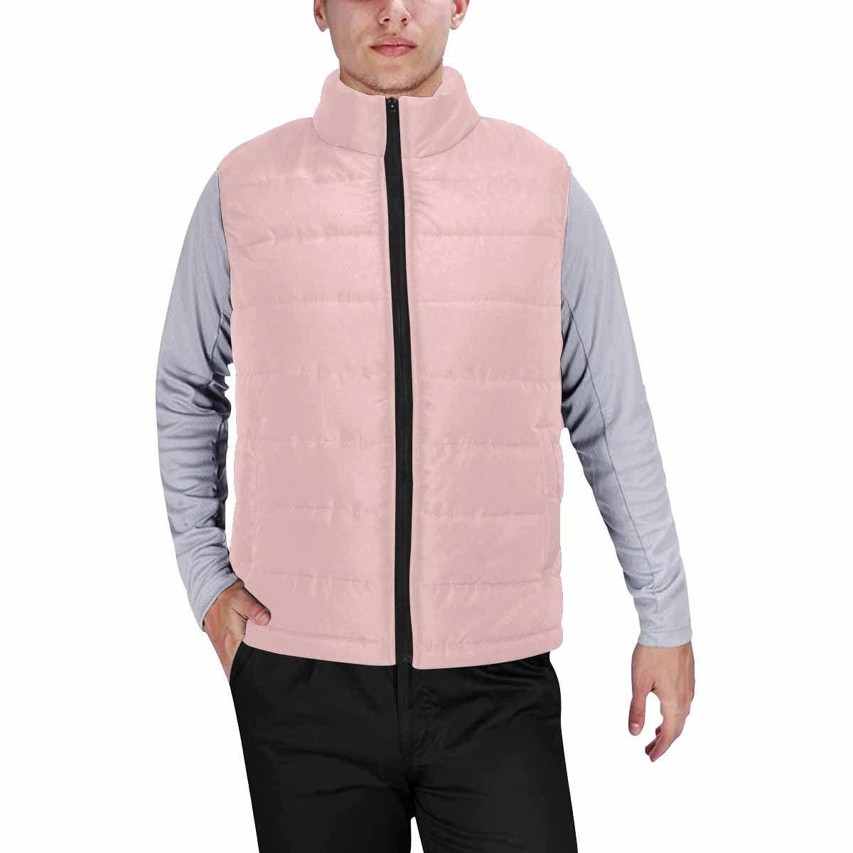 Rose Quartz Red Men's Padded Vest featuring a quilted design and zipper closure, made from high-grade matte cloth and cotton filling.