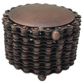 Round Bicycle Chain Box made from recycled bicycle chains, showcasing intricate craftsmanship and eco-friendly design.