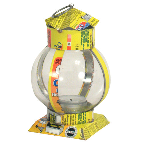 A beautifully crafted round candle lantern made from recycled metal, showcasing vibrant colors and intricate designs, perfect for adding ambiance to any space.