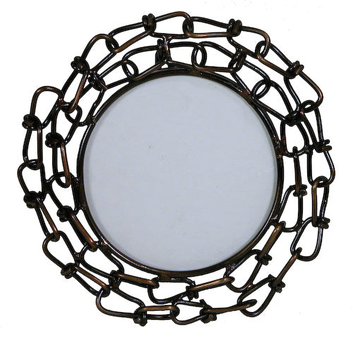 Round Recycled Chain Link Photo Frame handcrafted from recycled materials, showcasing a unique design with a space for a 3-1/2 inch photo.