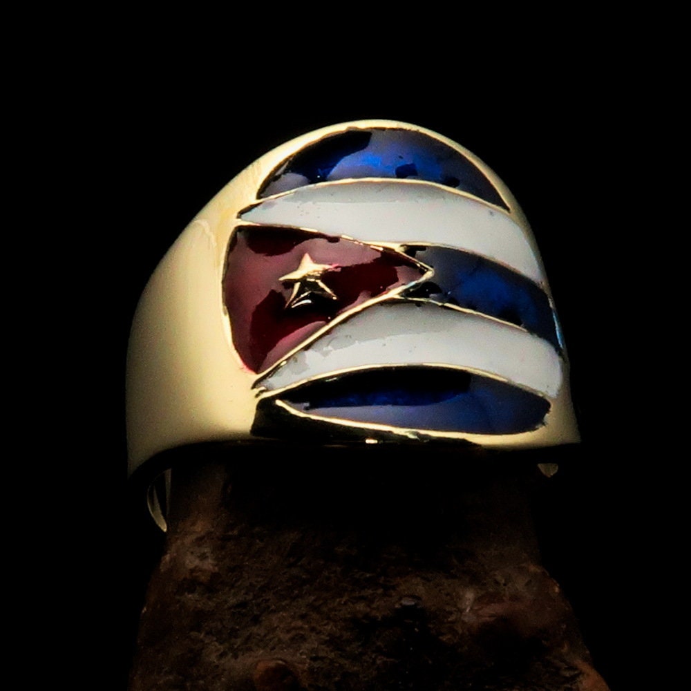 Round shaped pinky costume ring made of solid brass featuring the Flag of Cuba, polished to a mirror finish.