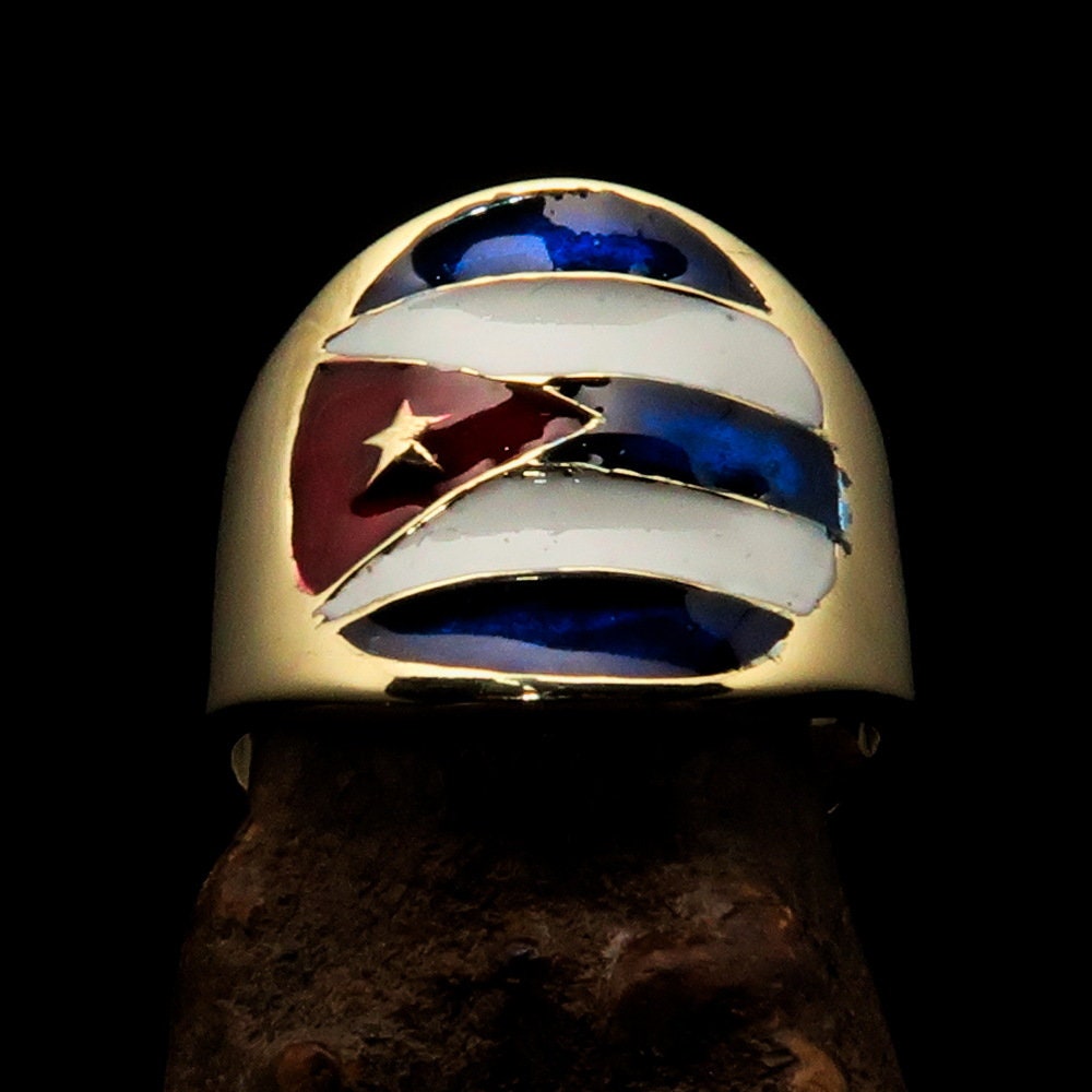 Round shaped pinky costume ring made of solid brass featuring the Flag of Cuba, polished to a mirror finish.