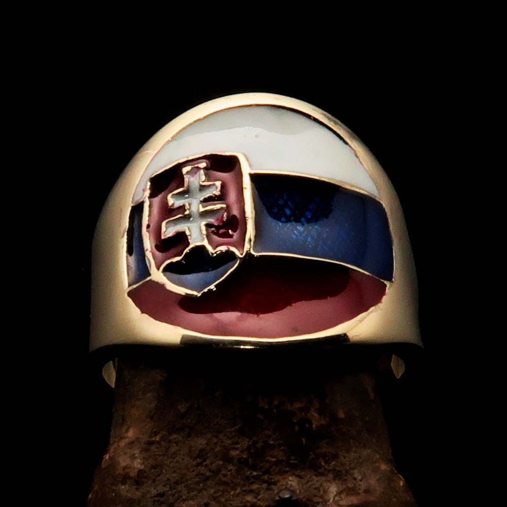 Round shaped pinky costume ring featuring the Flag of Slovakia, crafted from solid brass with a mirror polished finish.