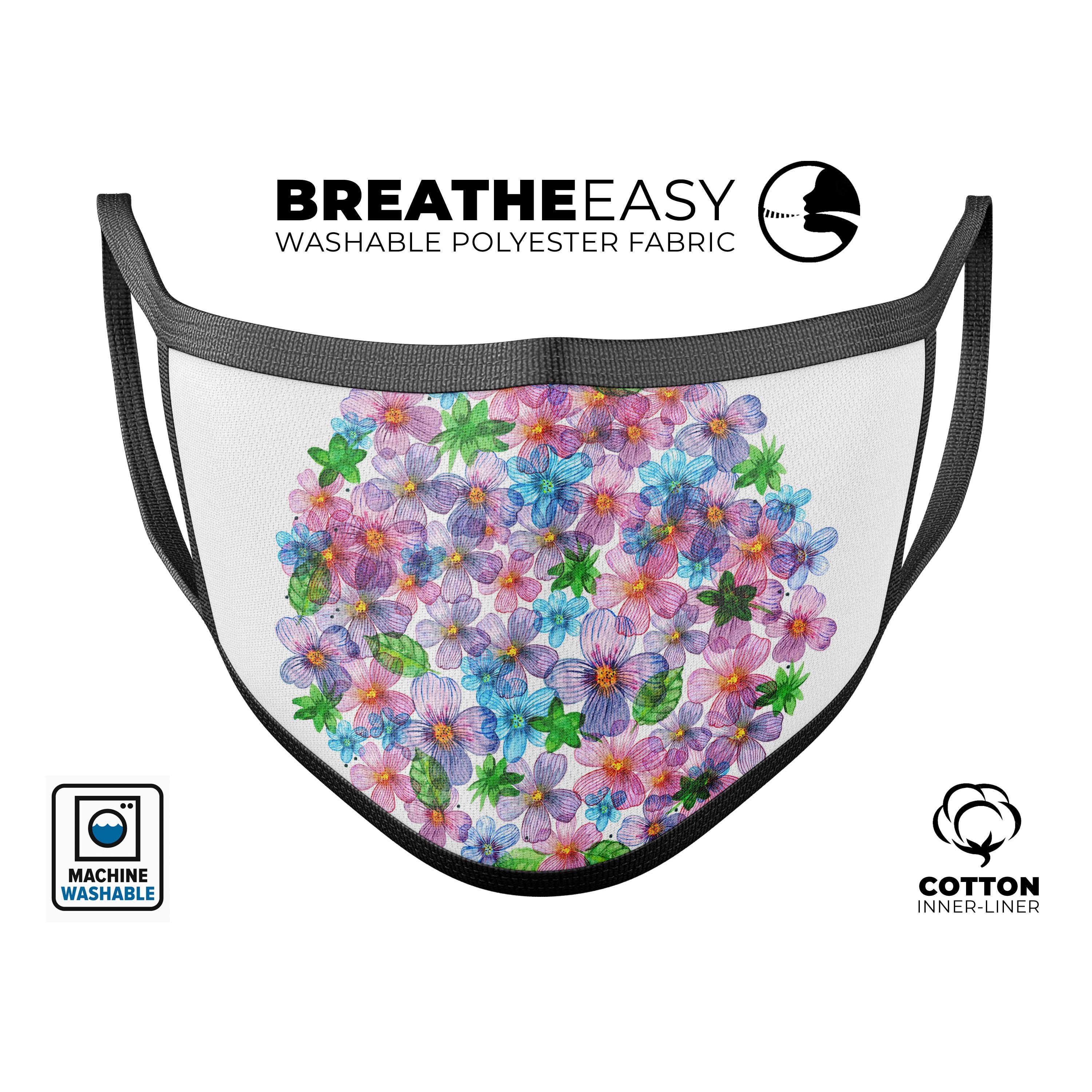 Rounded Flower Cluster mouth cover, unisex anti-dust mask made in the USA, featuring adjustable ear loops and a soft cotton interior.