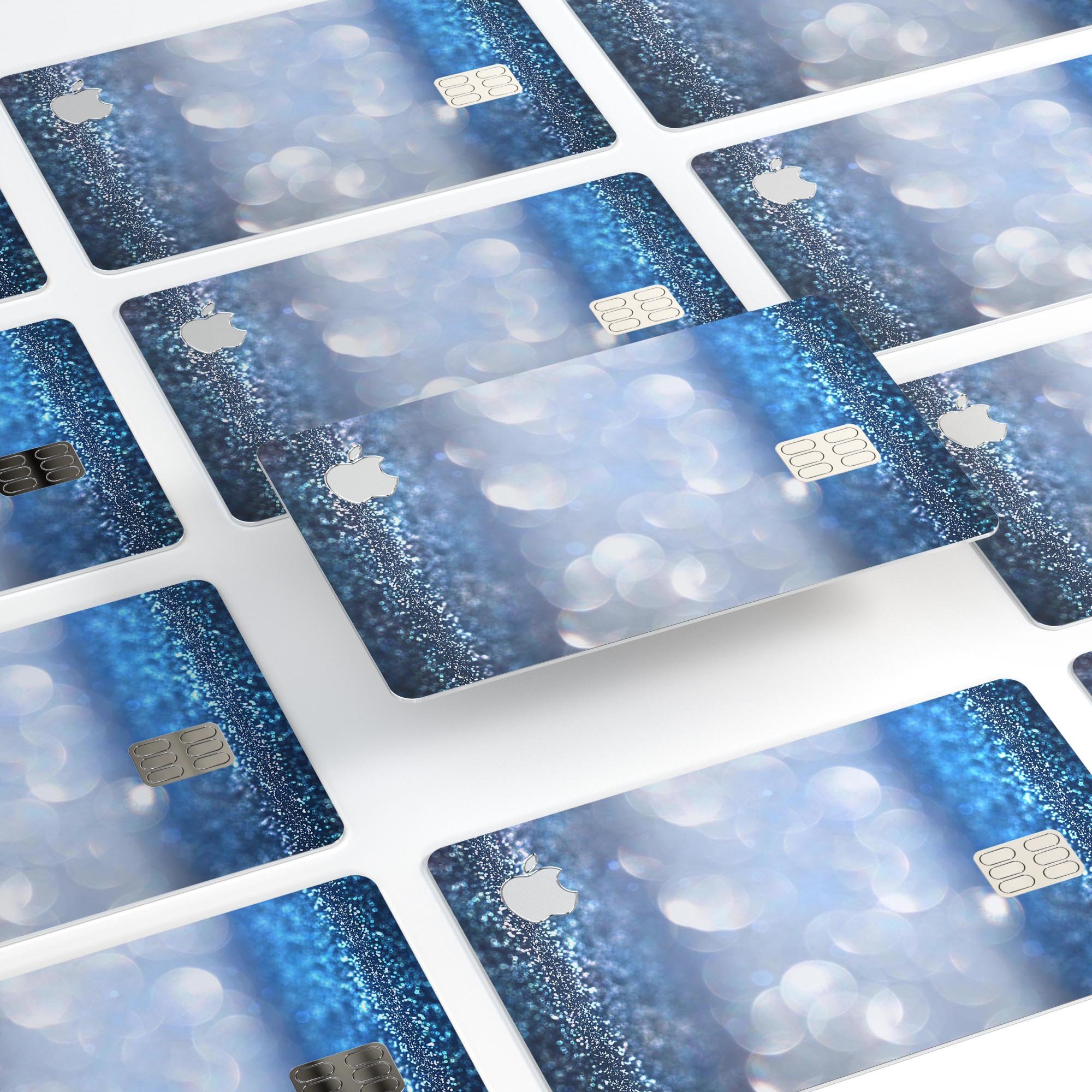 Royal Blue and Silver Glowing Orbs of Light decal on an Apple Card, showcasing its vibrant design and premium quality.