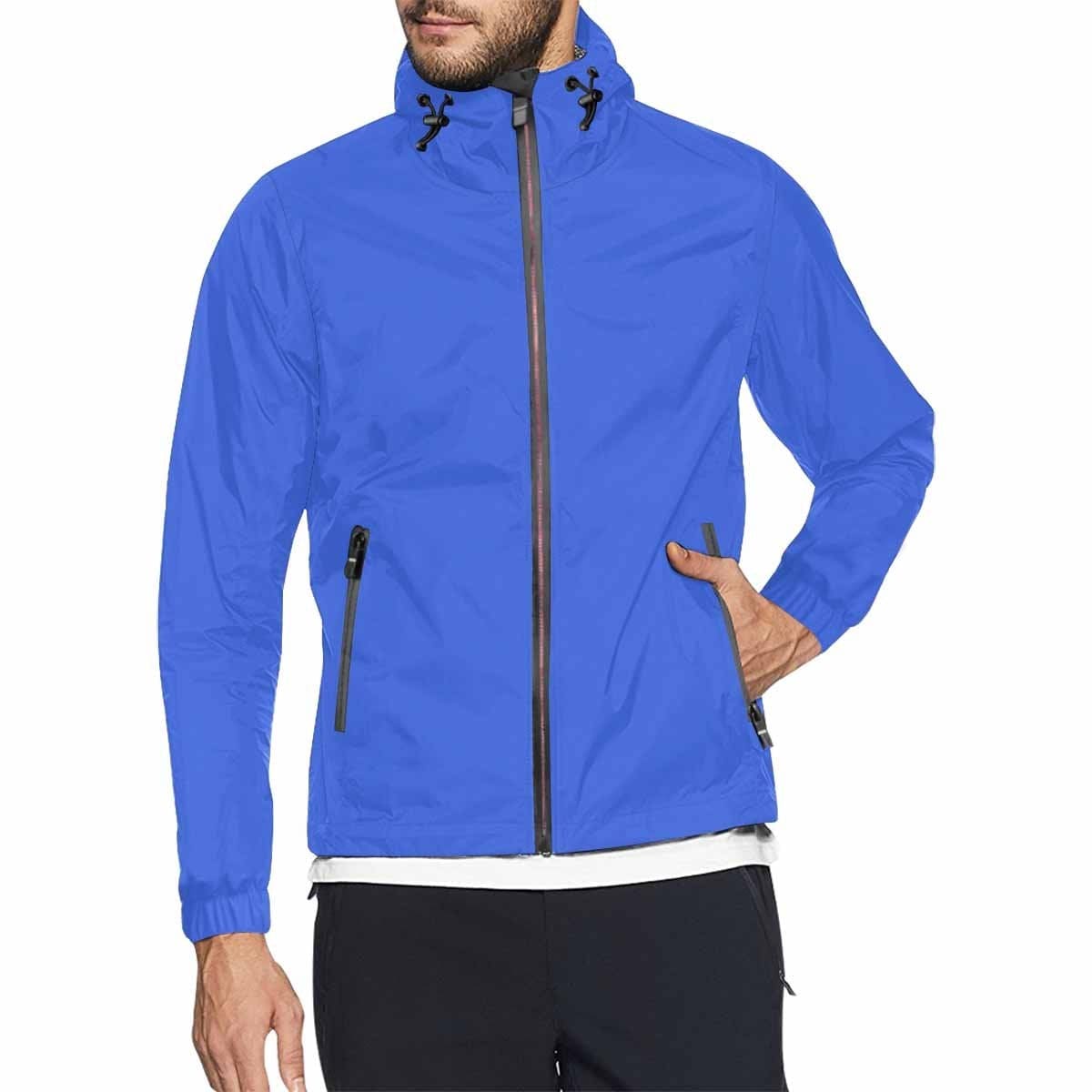 Royal Blue Hooded Windbreaker Jacket for men and women, featuring a stylish design with red metal zip and two zippered pockets.