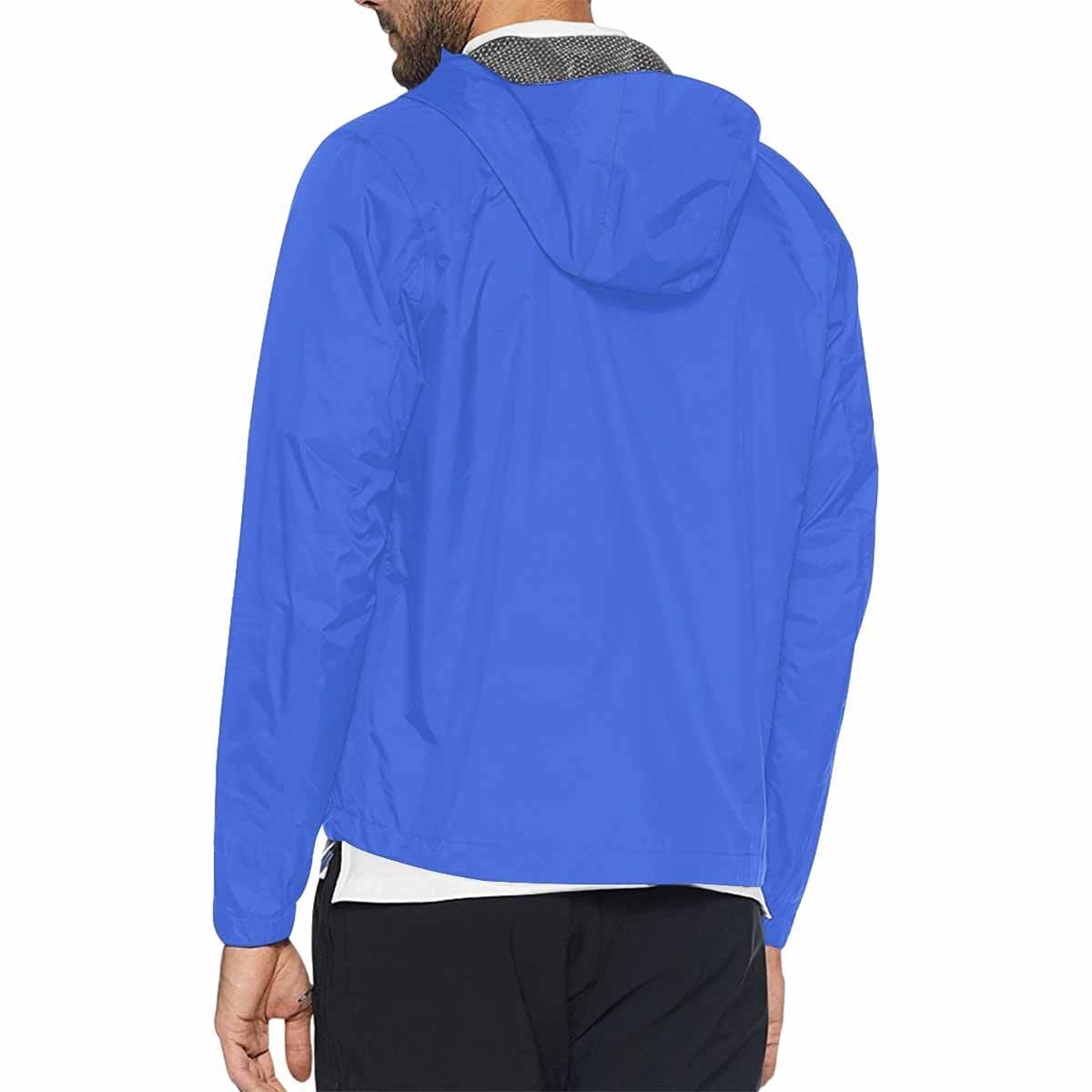 Royal Blue Hooded Windbreaker Jacket for men and women, featuring a stylish design with red metal zip and two zippered pockets.