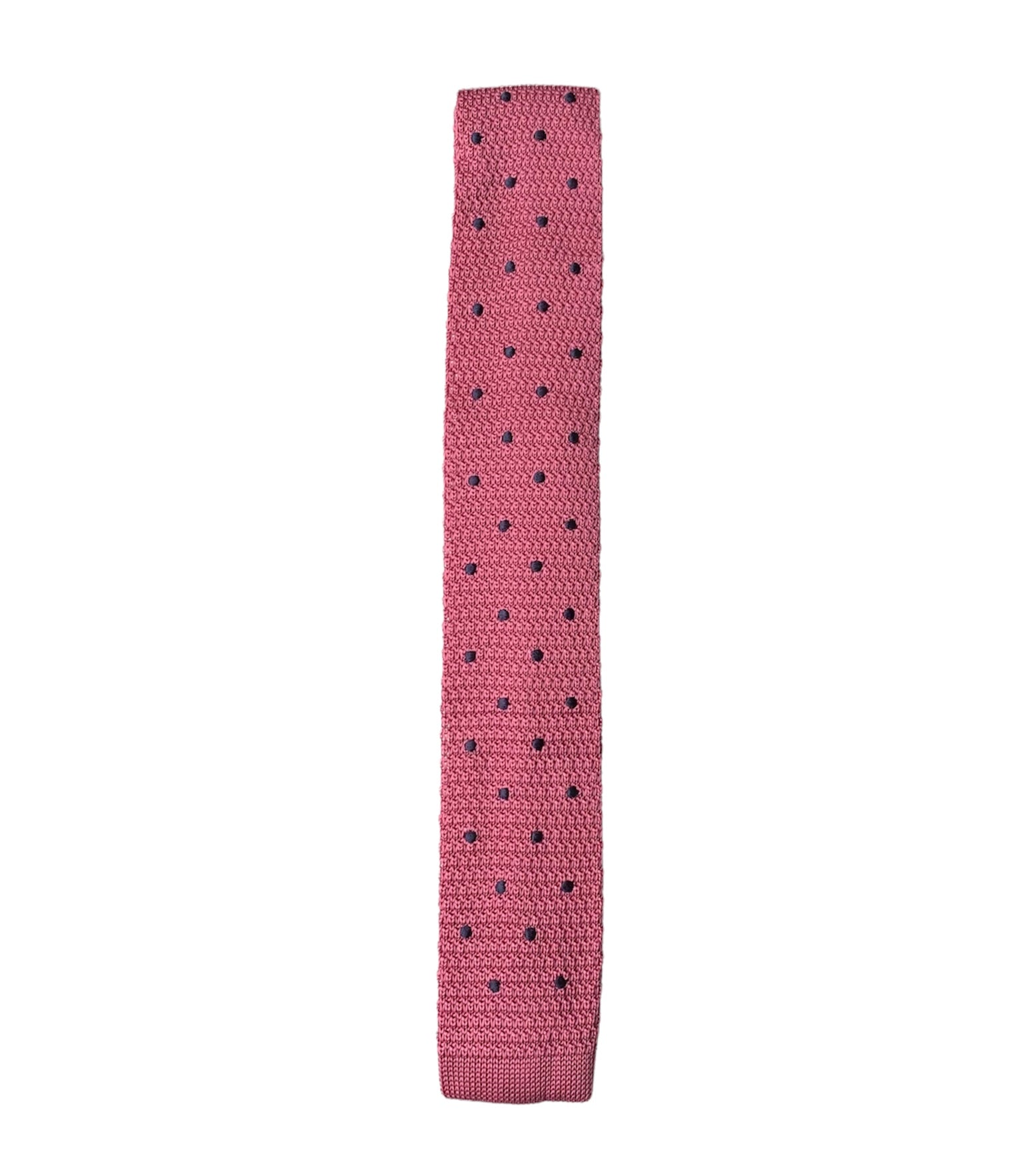 Ruby silk knitted tie with blue polka dots, featuring a square end design and 6cm width.