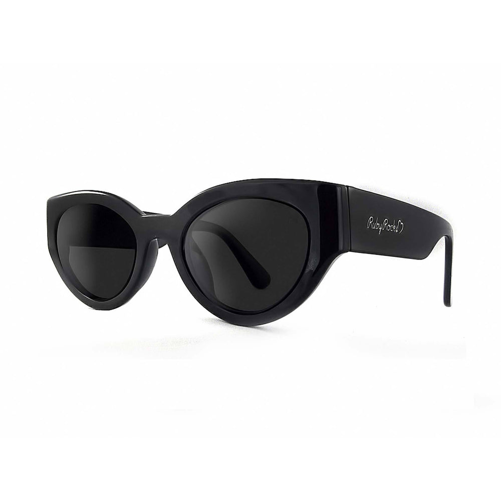 Ruby Rocks Chunky 'Zante' Cateye Sunglasses in Black with solid smoke lens and heart logo.