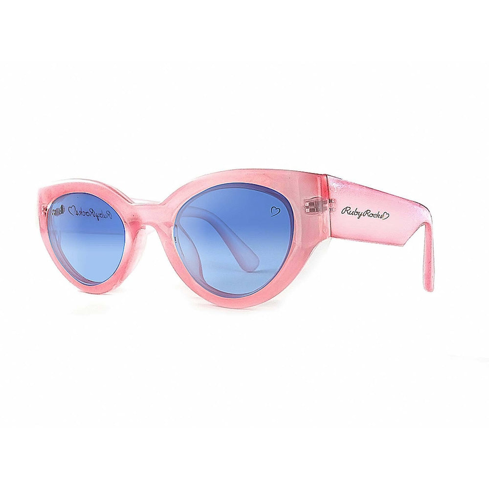 Ruby Rocks Chunky 'Zante' Cateye Sunglasses in Pink with blue lenses and heart logo.