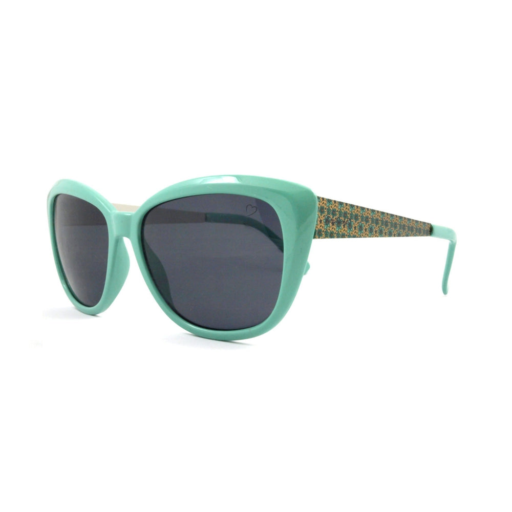 Ruby Rocks Combination Cat Sunglasses featuring a shiny teal frame with floral printed arms and solid smoke lenses.