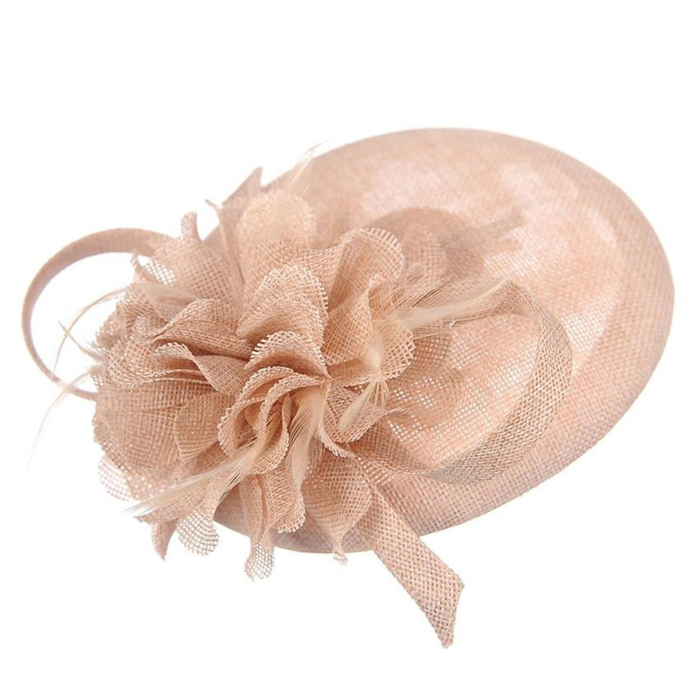 Ruby Rocks Gabella Fascinator in Beige featuring a flower design, feathers, and a bow, secured with a hair clip.