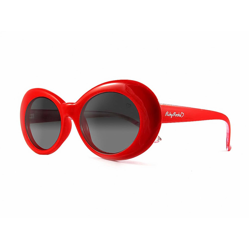 Ruby Rocks Ladies 'Antigua' Oval Sunglasses in Red with flamingo print inside temple and logo on lenses.