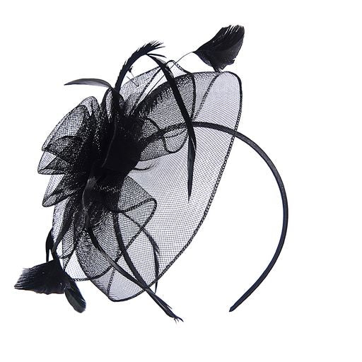 Ruby Rocks Marianne Fascinator in Black featuring organza and feathers on a comfortable headband.