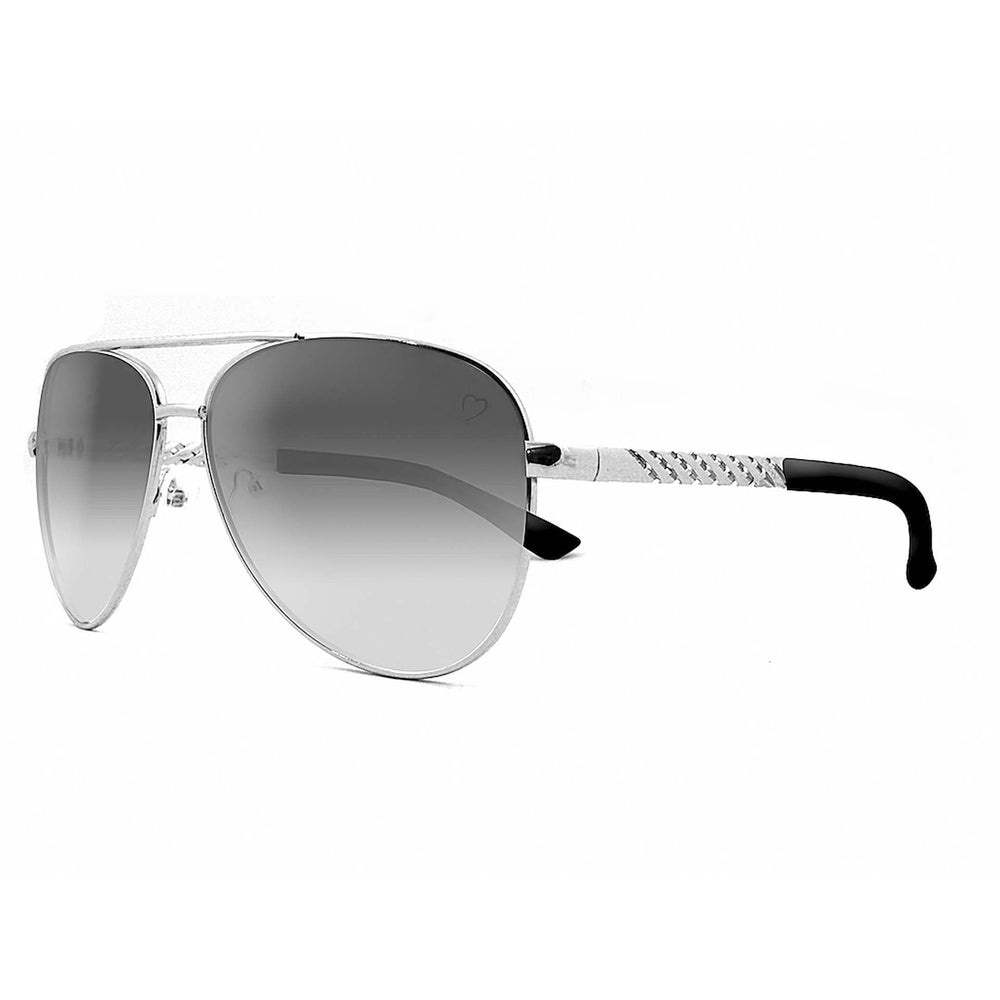 Ruby Rocks Metal 'Dominica' Aviator Sunglasses with silver frame and graduated smoke lens, featuring embossed temple detail and love heart logo.