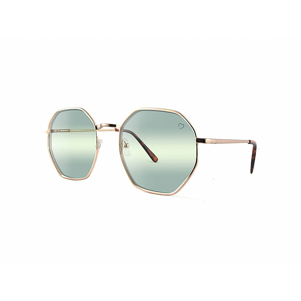 Ruby Rocks Metal 'Mustique' Angular Frame Sunglasses with gold metal frame and mirror lenses, featuring logo details.