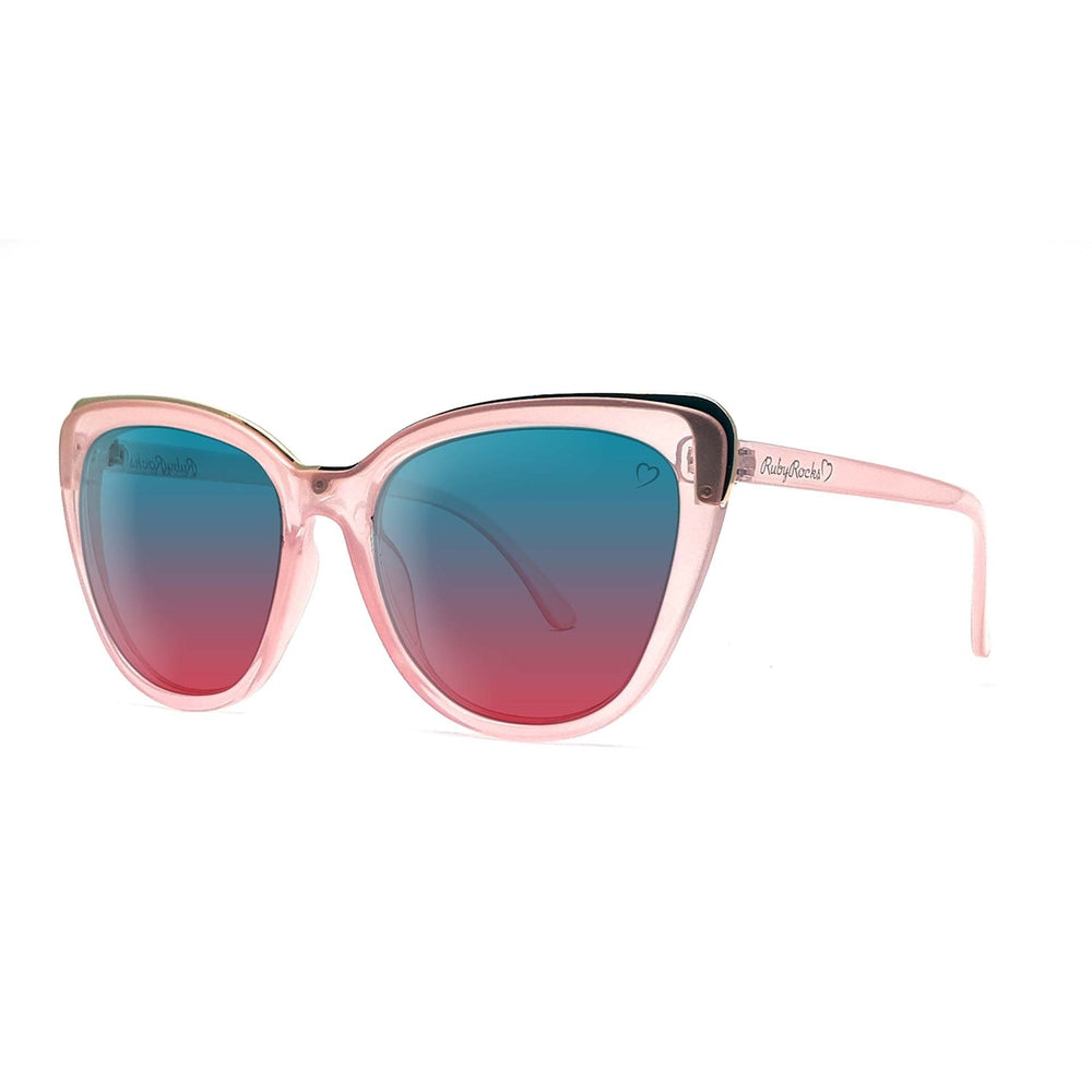 Ruby Rocks 'Roseanne' Cateye Sunglasses in Crystal Pink with blue to pink gradient lenses and metal brow detail.