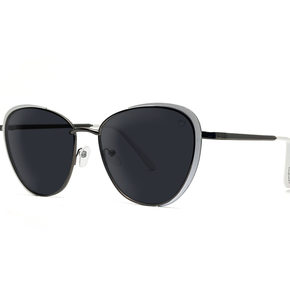 Ruby Rocks 'Sam Jo' Cateye Sunglasses in white and gunmetal with logo details.