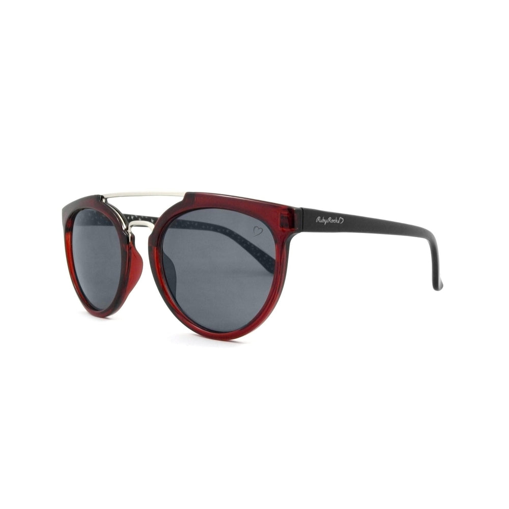 Ruby Rocks Trendy Top Bar Sunglasses featuring a deep red crystal frame, silver top bar, and black arms with a silver bird pattern.