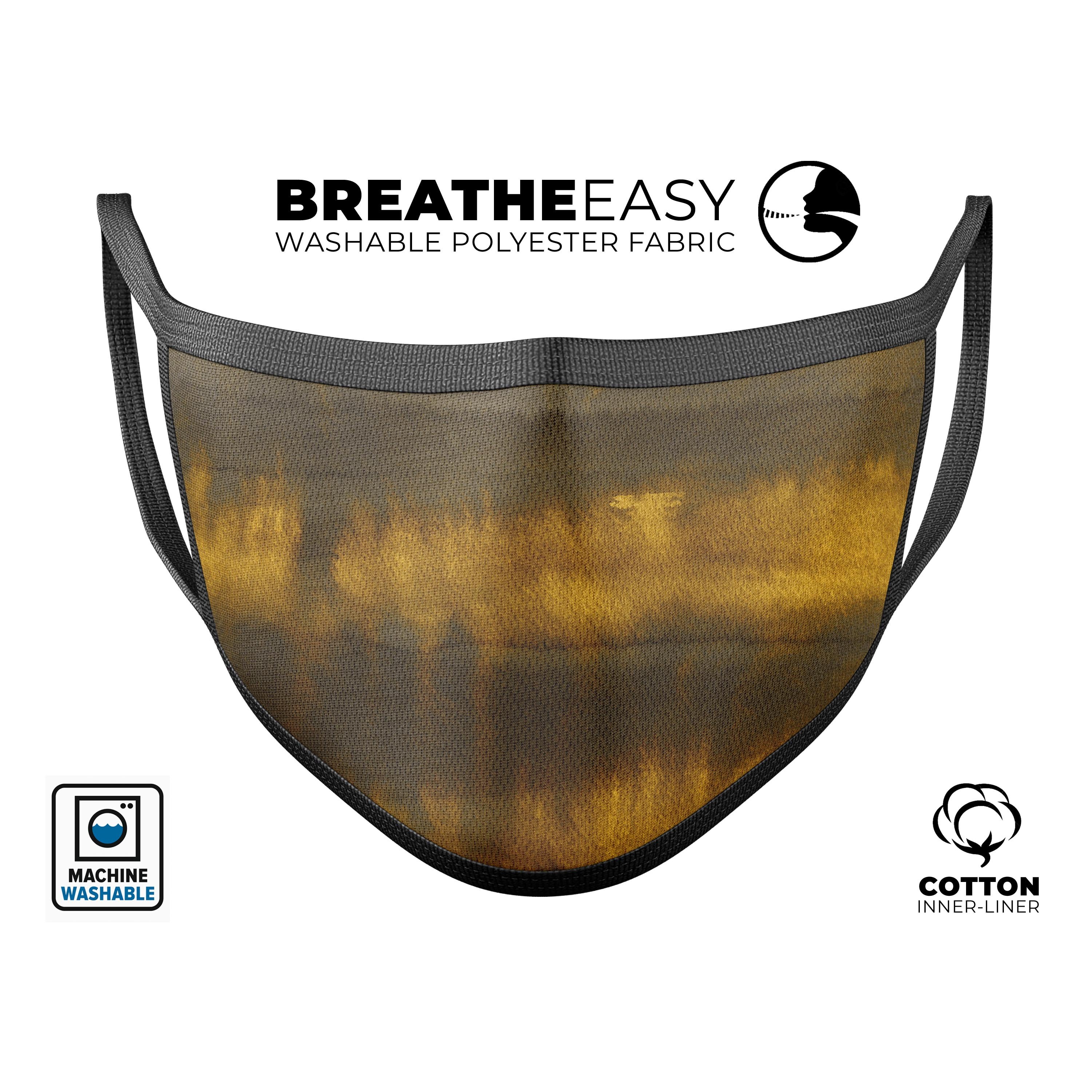 Unisex anti-dust mouth cover featuring a vibrant running golden wheat fields design, made in the USA with adjustable ear-loops.