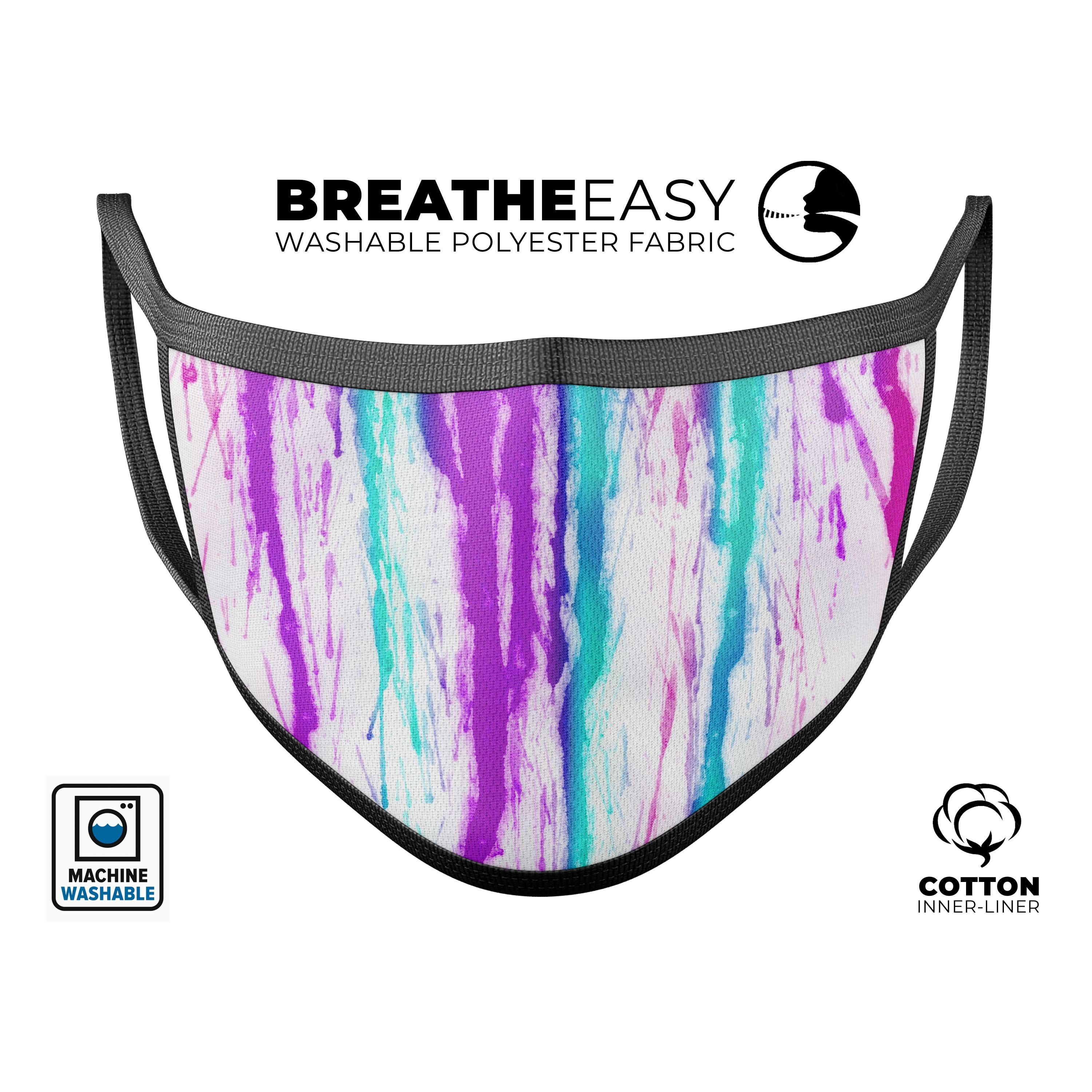 A vibrant Running Purple and Teal WaterColor Paint face mask, showcasing a unique design with adjustable ear loops for a perfect fit.