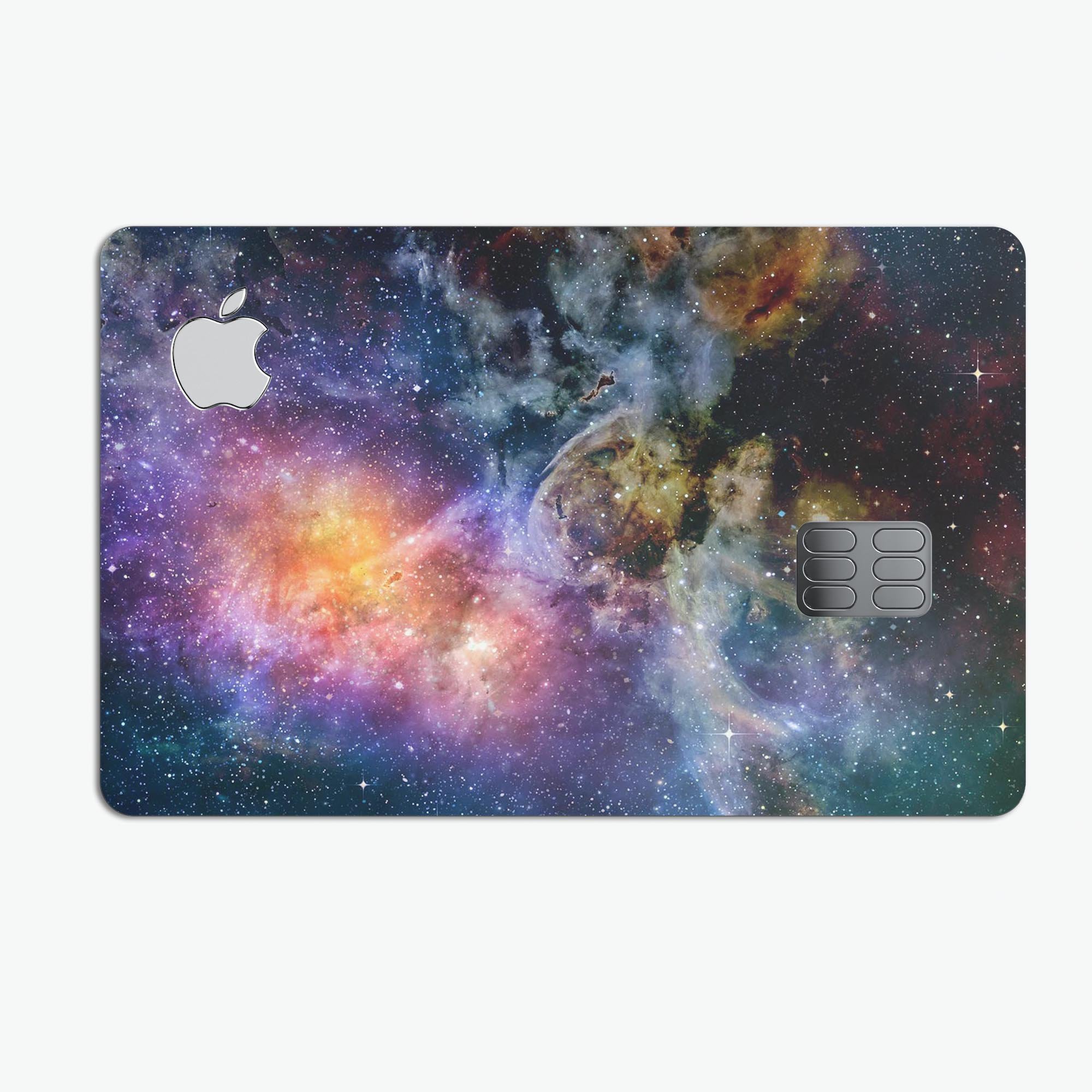 Rust and Bright Neon Colored Stary Sky decal on an Apple Card, showcasing vibrant colors and a protective design.