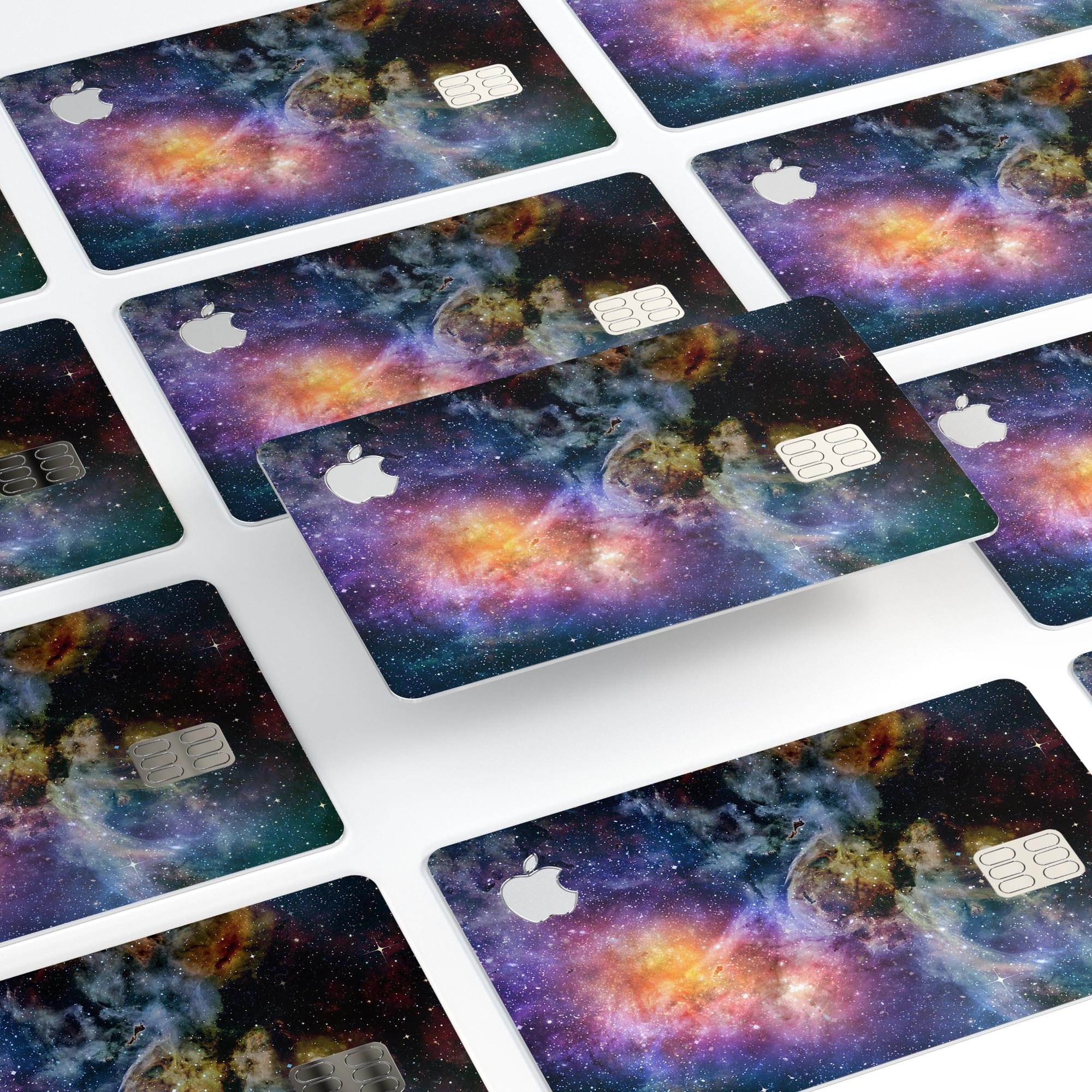 Rust and Bright Neon Colored Stary Sky decal on an Apple Card, showcasing vibrant colors and a protective design.