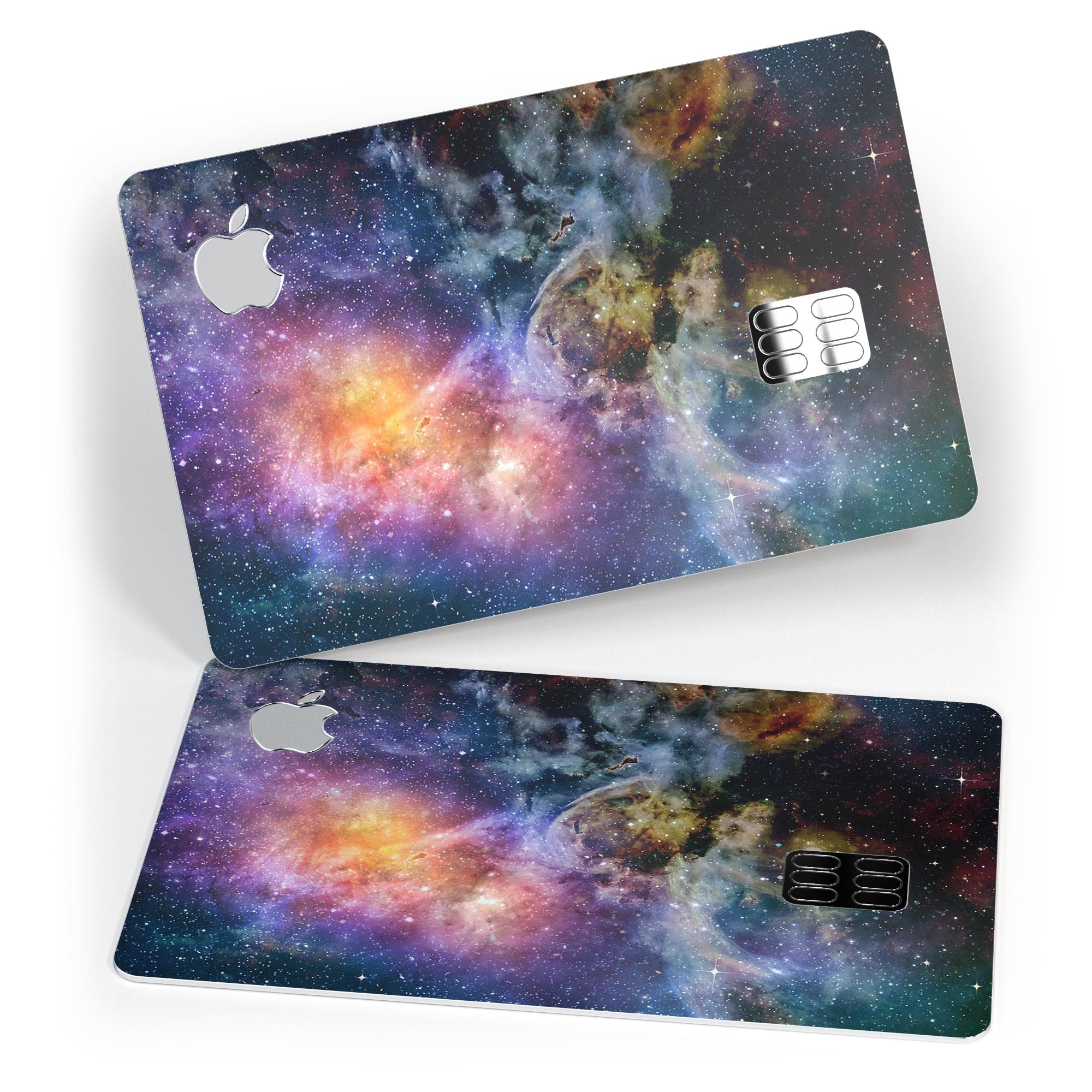 Rust and Bright Neon Colored Stary Sky decal on an Apple Card, showcasing vibrant colors and a protective design.