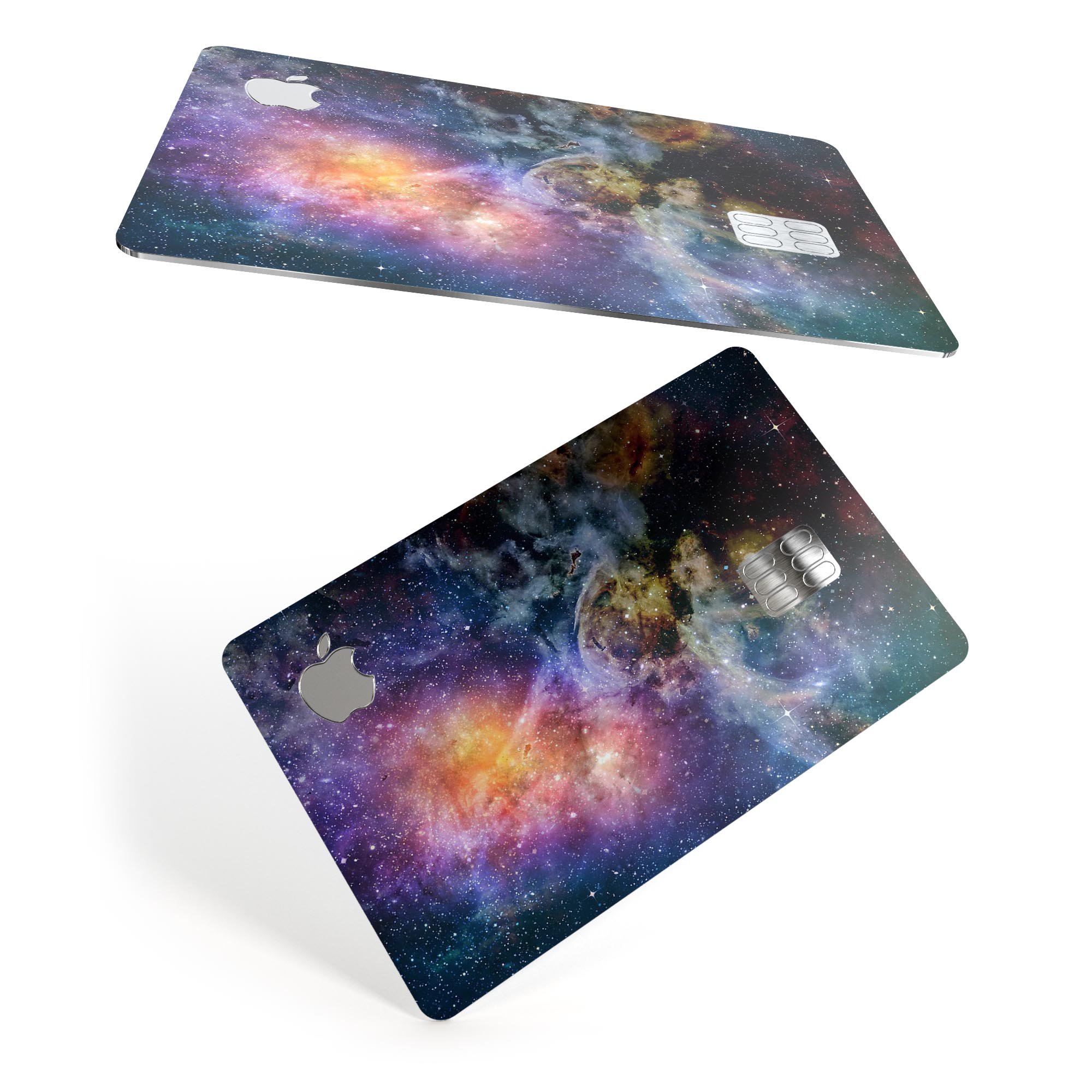 Rust and Bright Neon Colored Stary Sky decal on an Apple Card, showcasing vibrant colors and a protective design.