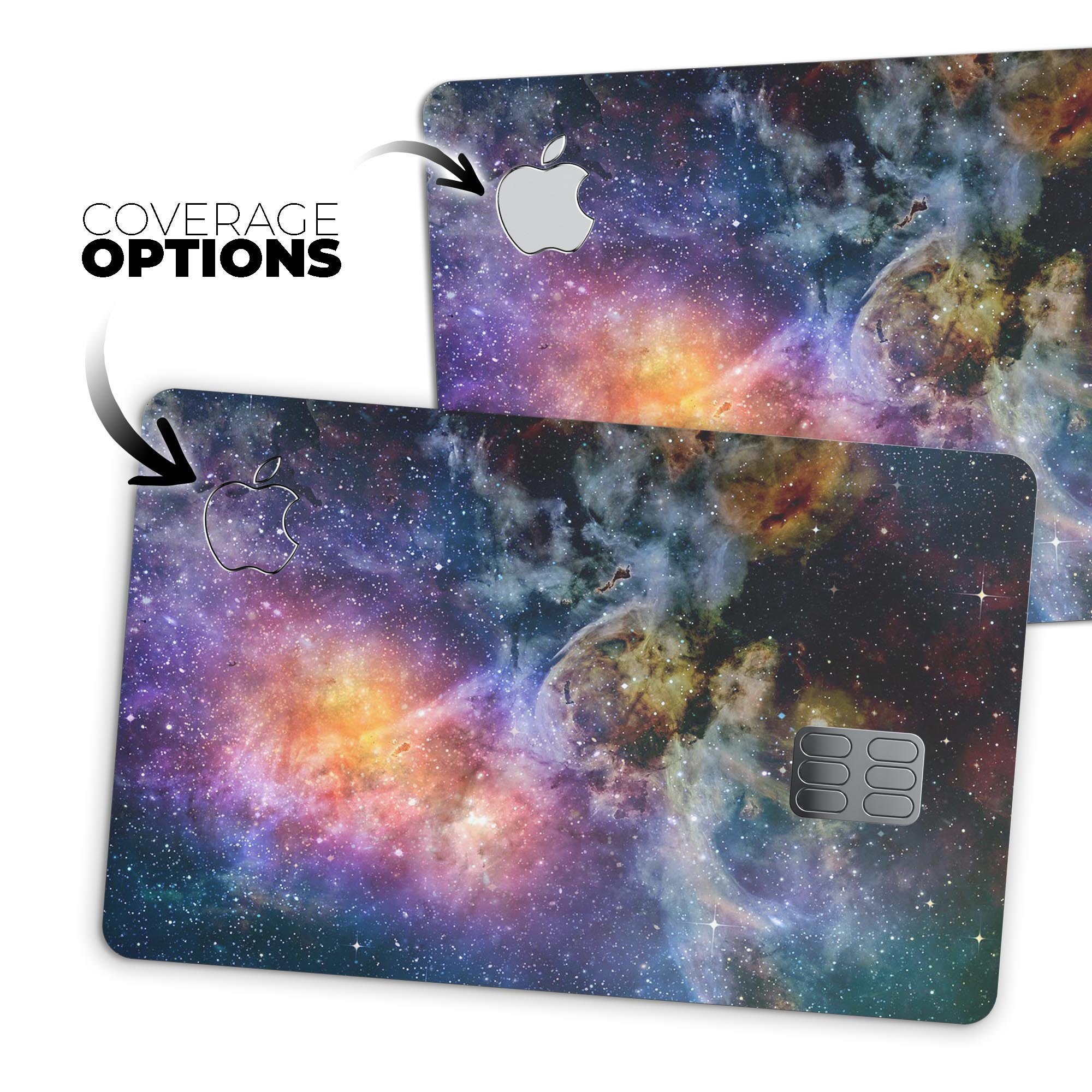 Rust and Bright Neon Colored Stary Sky decal on an Apple Card, showcasing vibrant colors and a protective design.